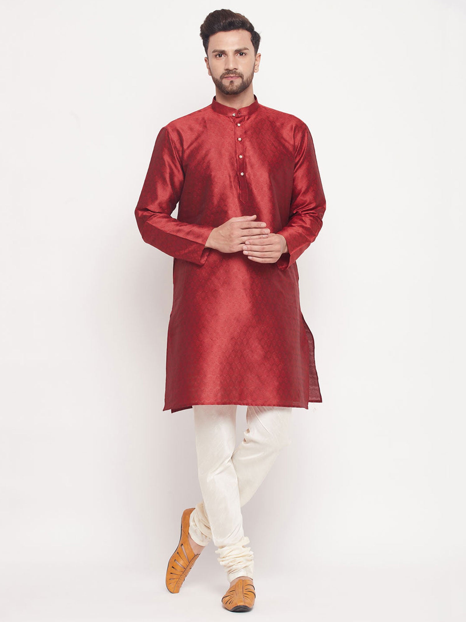 Red Woven Art Silk Kurta Pyjama Set