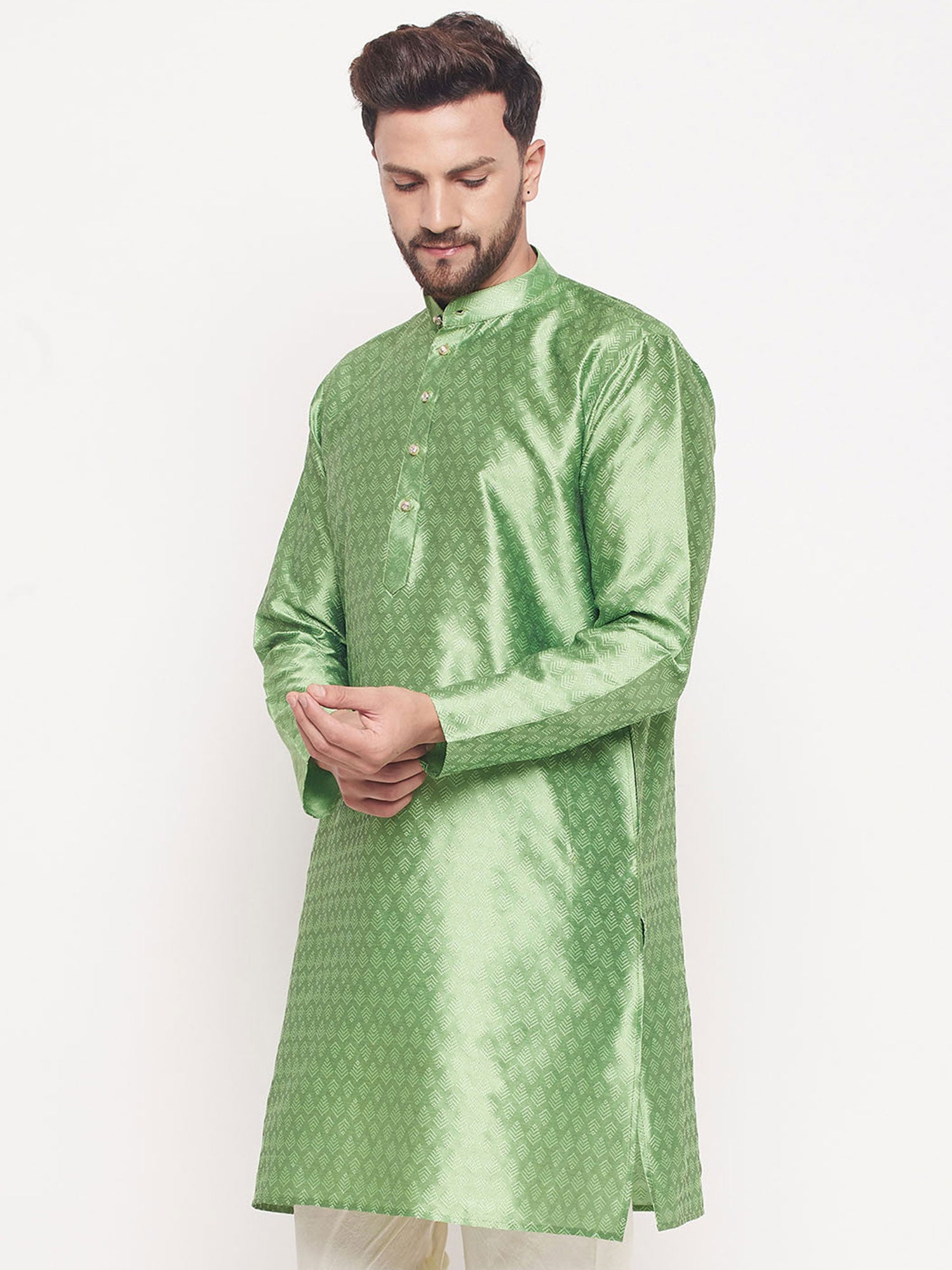 Green Mens Woven Kurta Pyjama Set