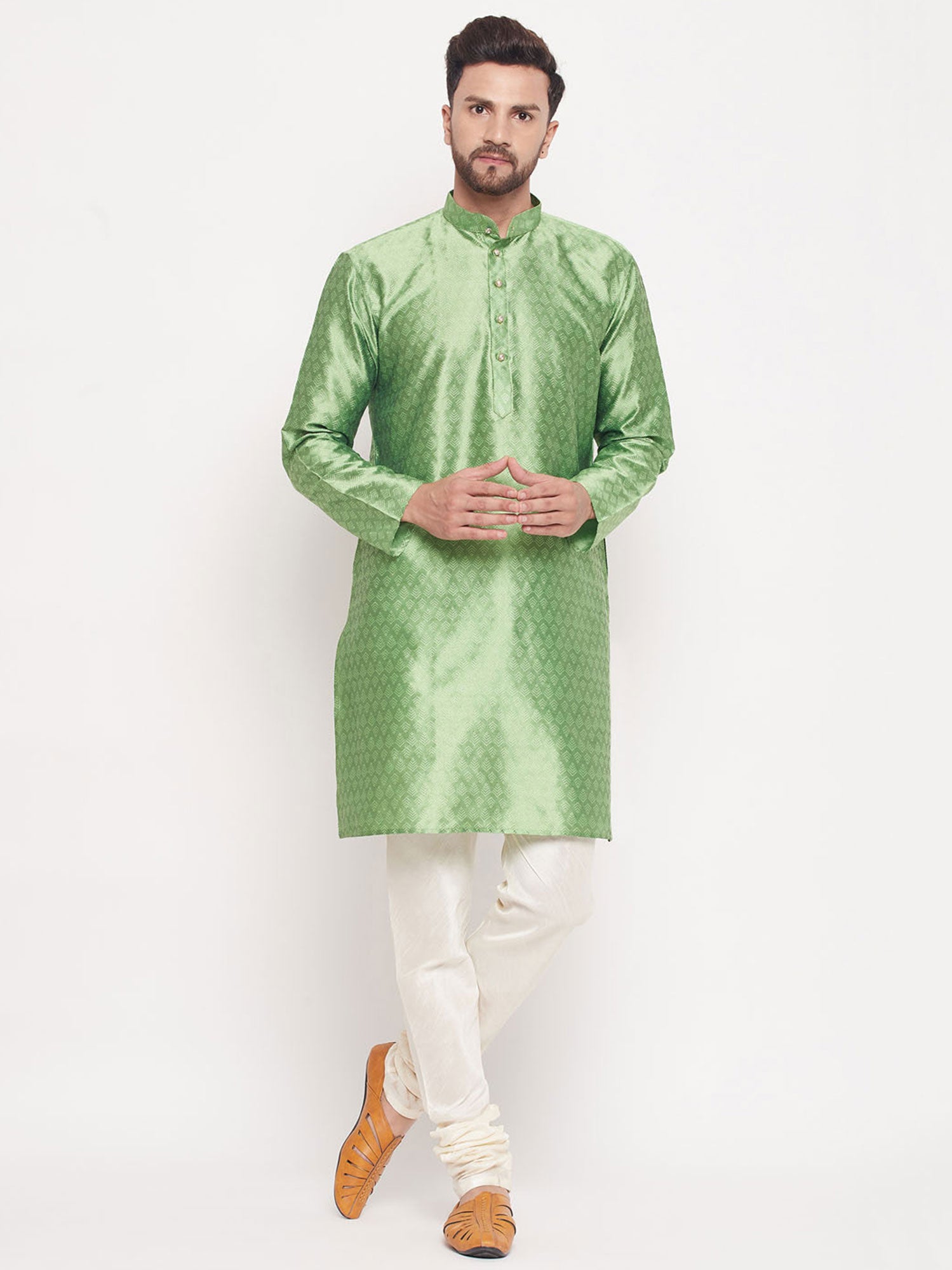 Green Mens Woven Kurta Pyjama Set