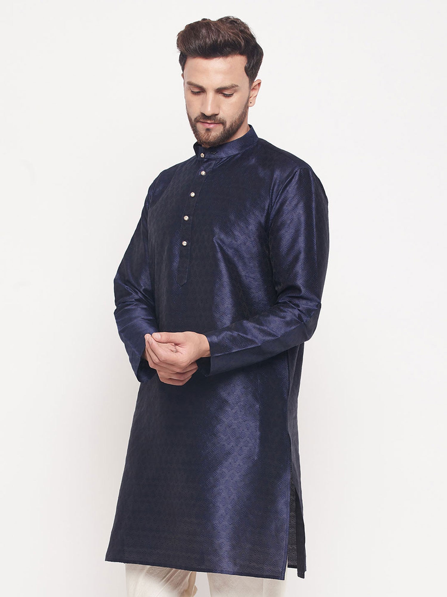 Blue Readymade Kurta Pyjama In Art Silk