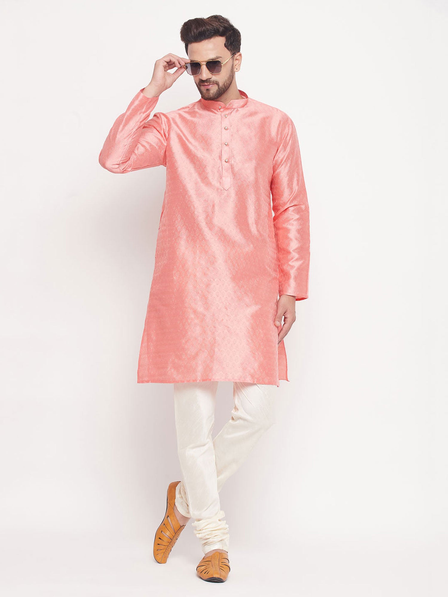 Peach Woven Festsive Kurta Pyjama Set