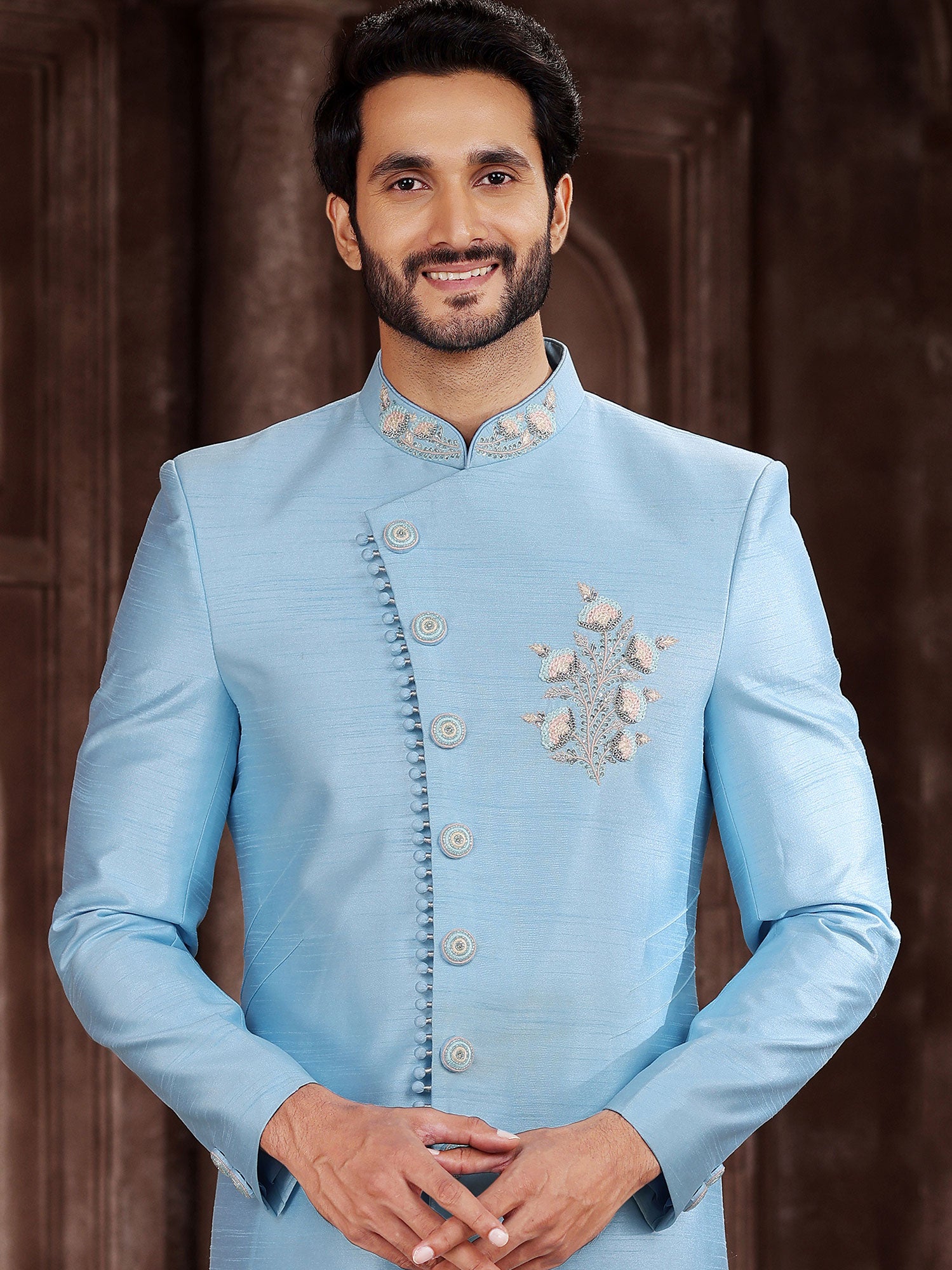 Blue Embroidered Asymmetric Indo Western In Silk