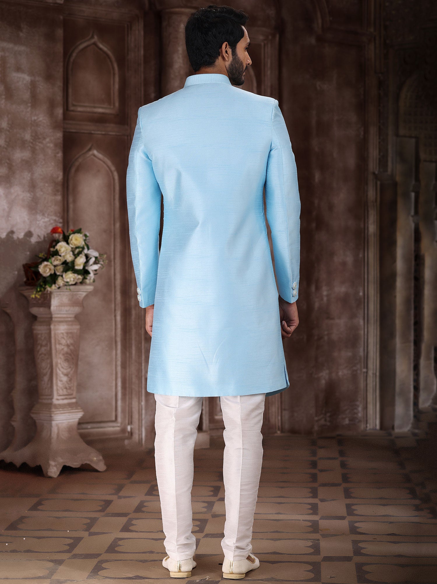 Blue Embroidered Asymmetric Indo Western In Silk