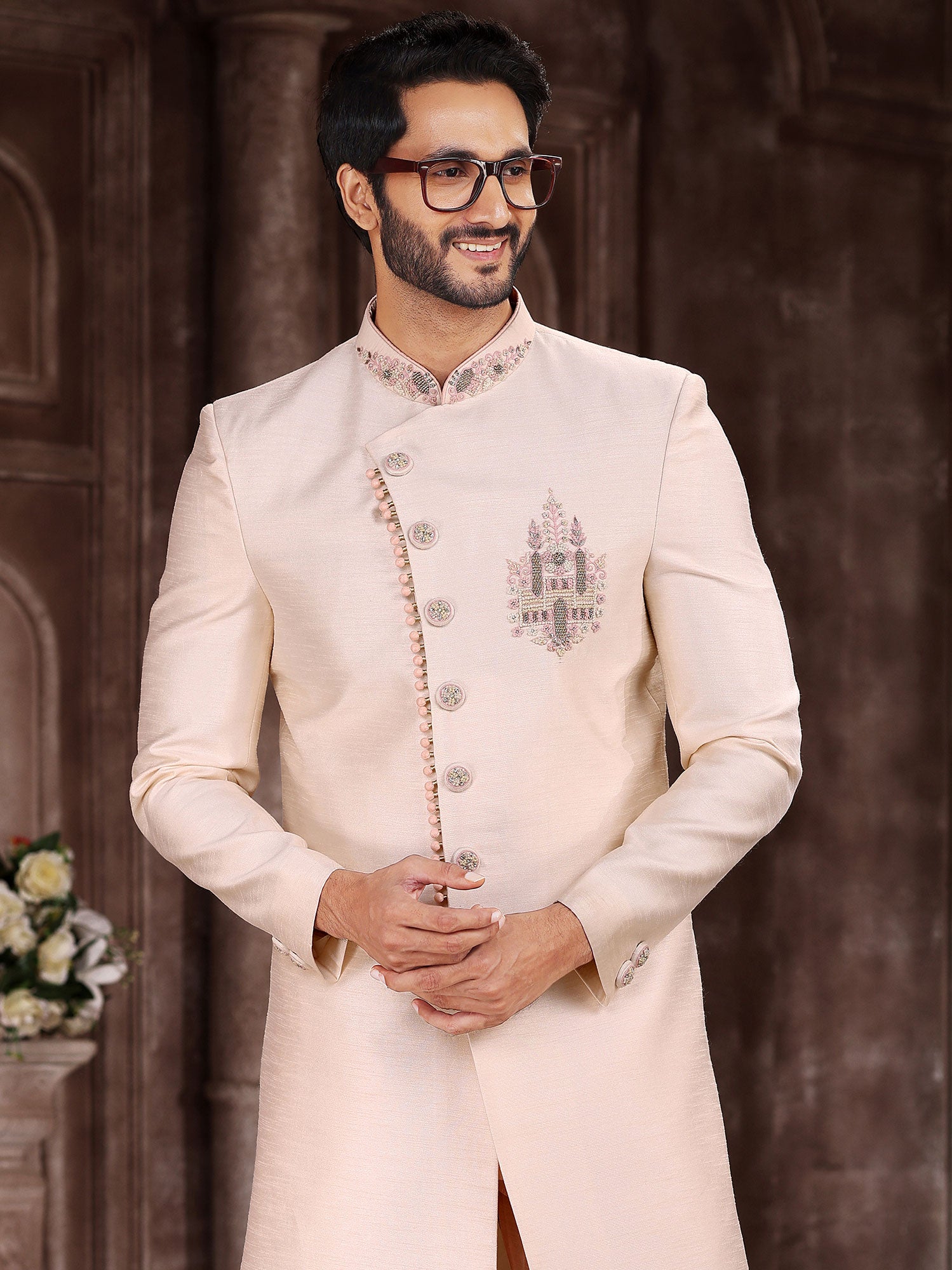 Off White Asymmetric Indo Western For Groom