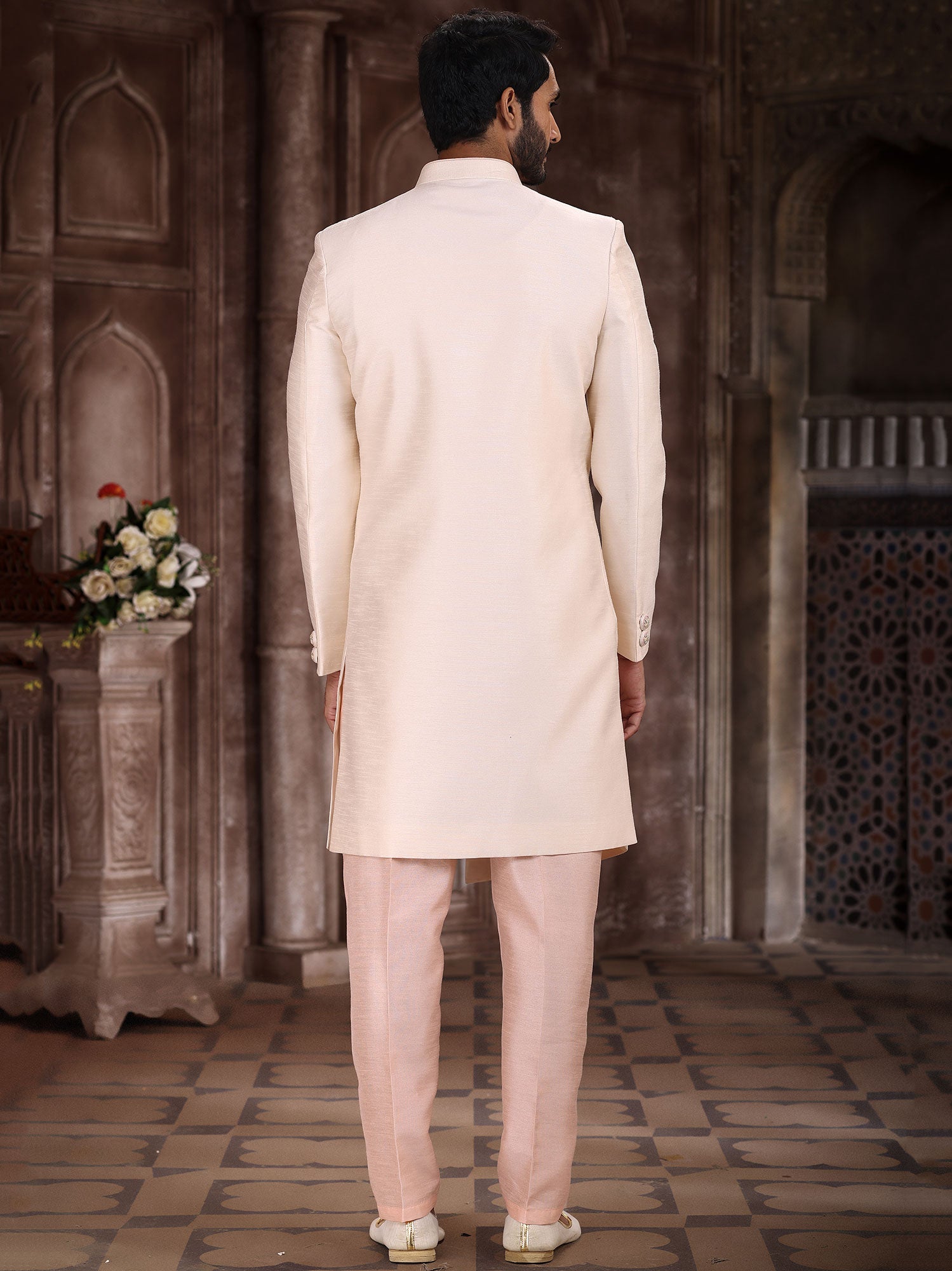Off White Asymmetric Indo Western For Groom
