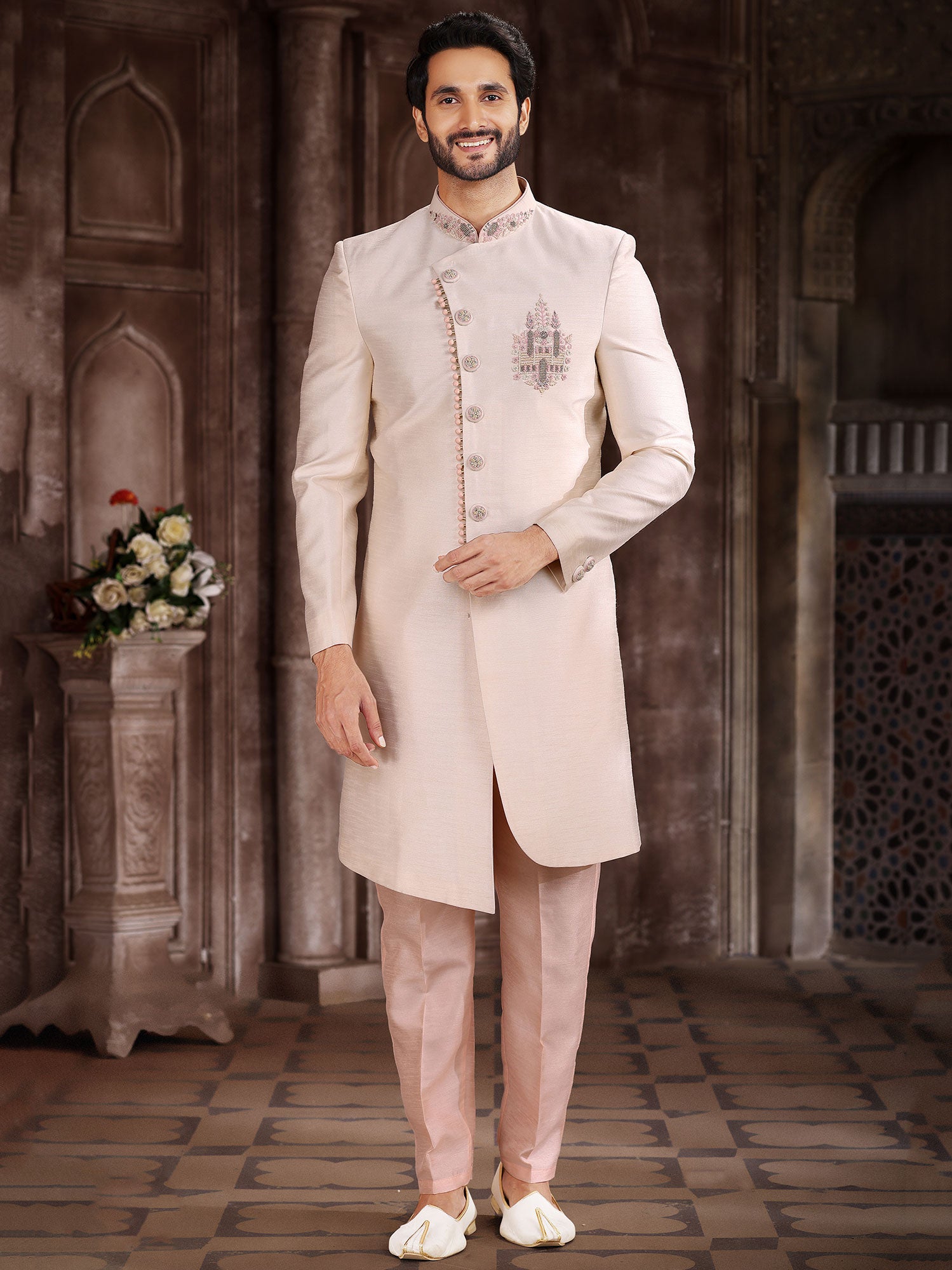Off White Asymmetric Indo Western For Groom