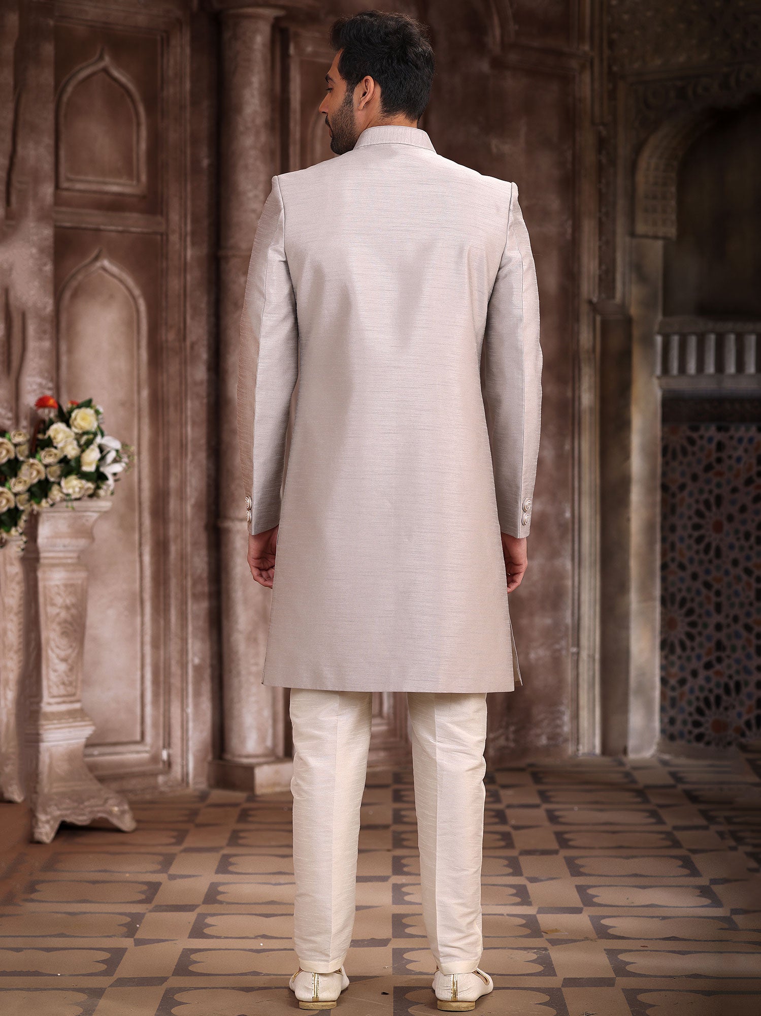Silver Embroidered Art Silk Indo Western Set