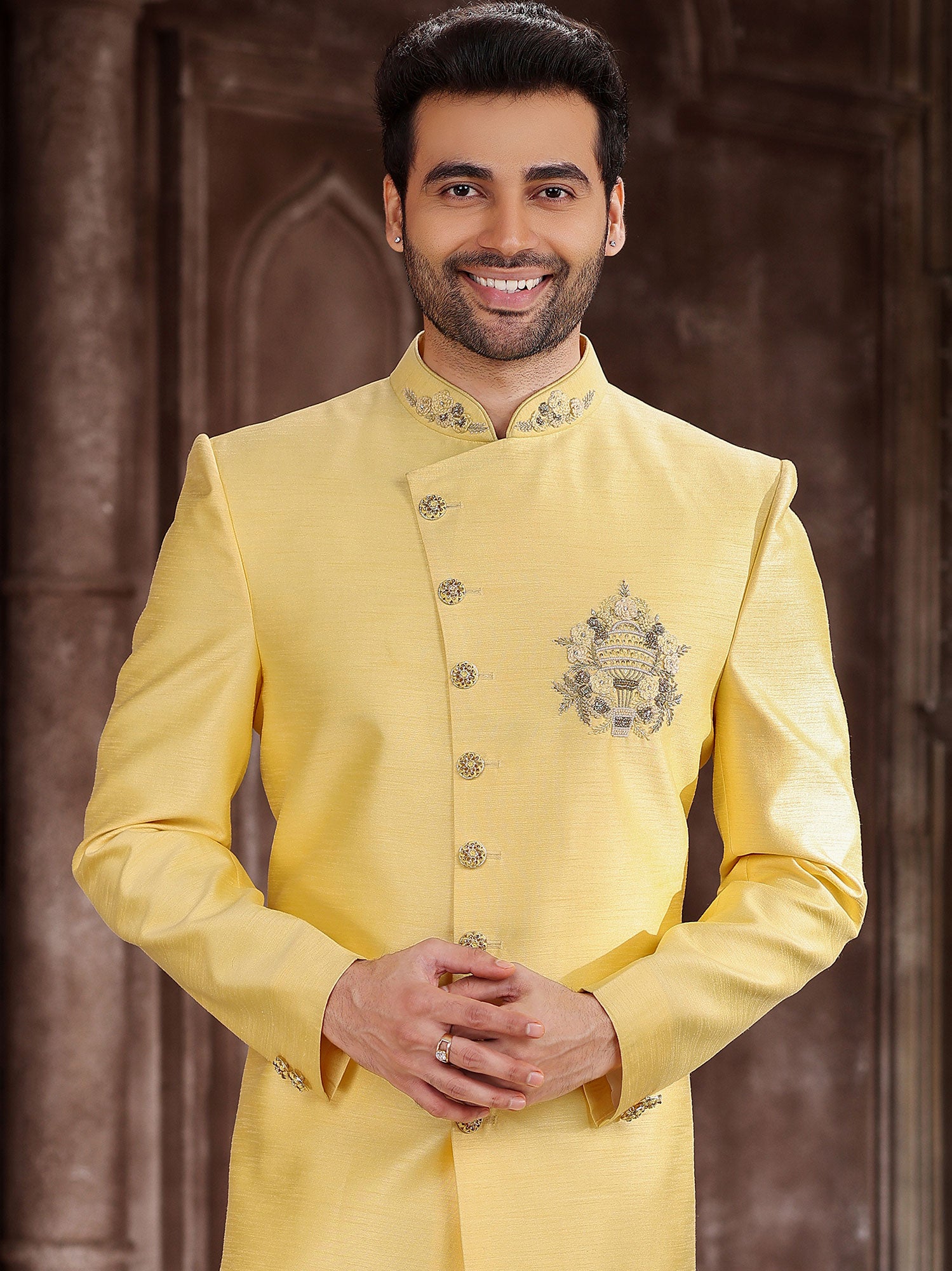 Yellow Embroidered Indo Western Set In Silk