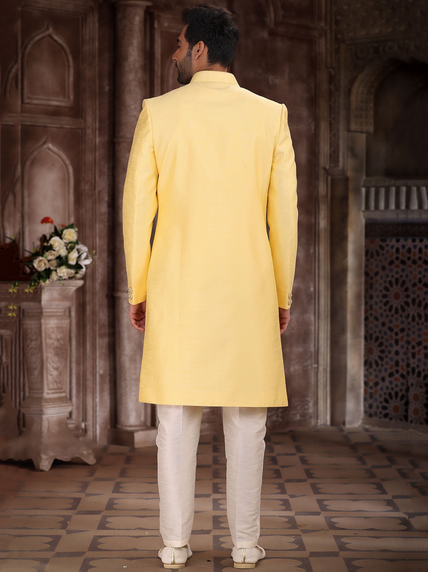 Yellow Embroidered Indo Western Set In Silk