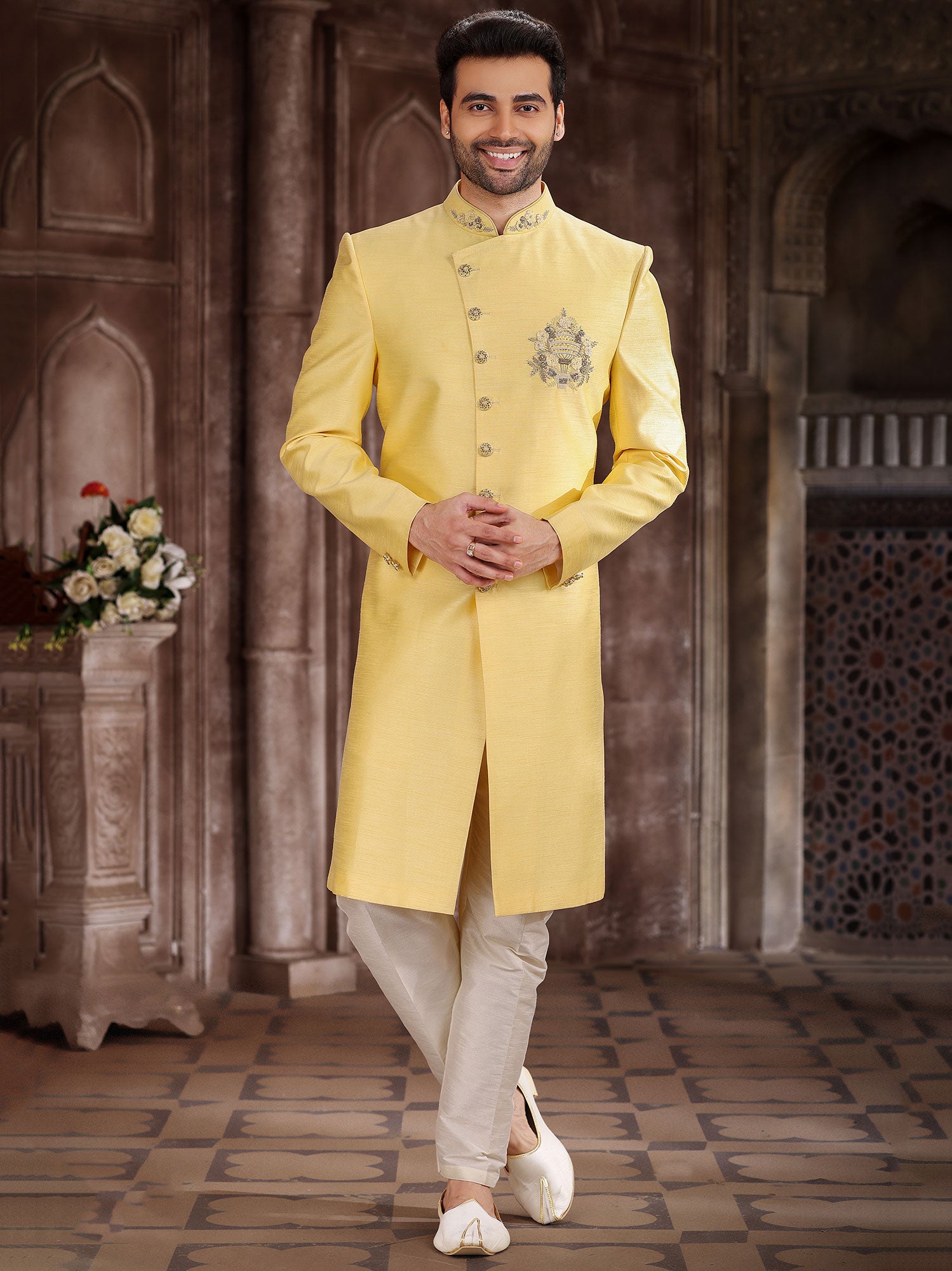 Yellow Embroidered Indo Western Set In Silk