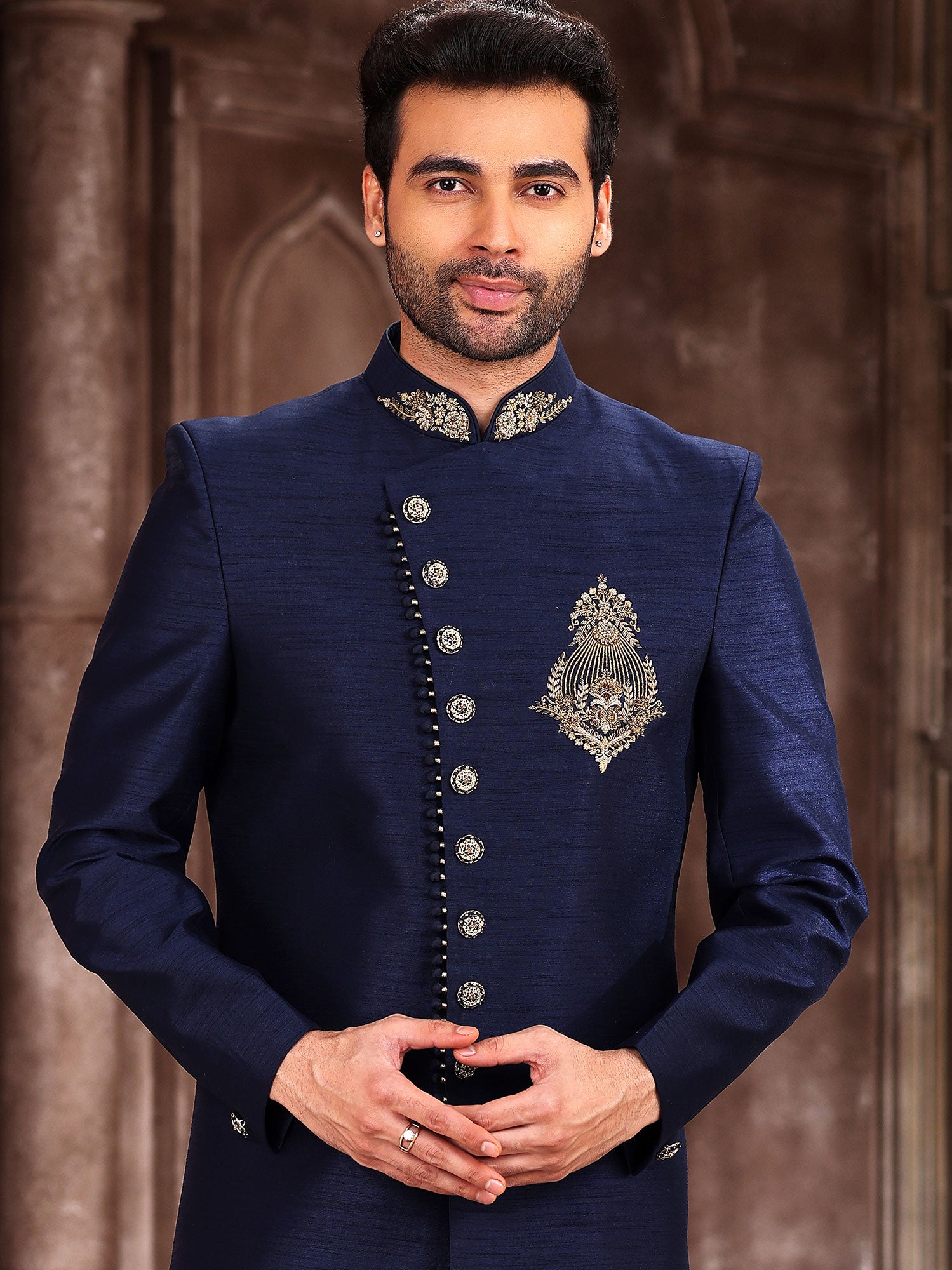 Blue Embroidered Indo Western Set In Art Silk