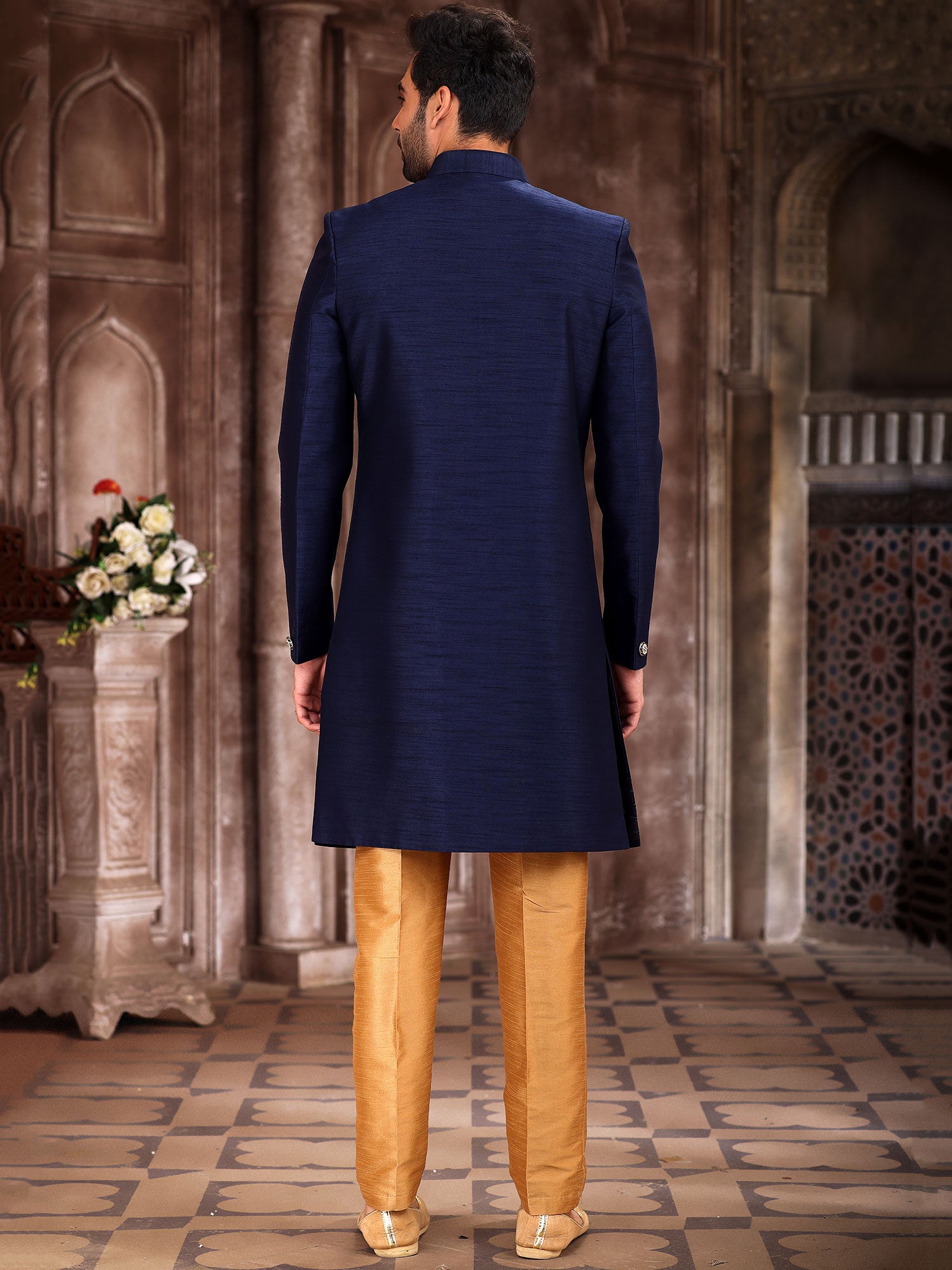 Blue Embroidered Indo Western Set In Art Silk
