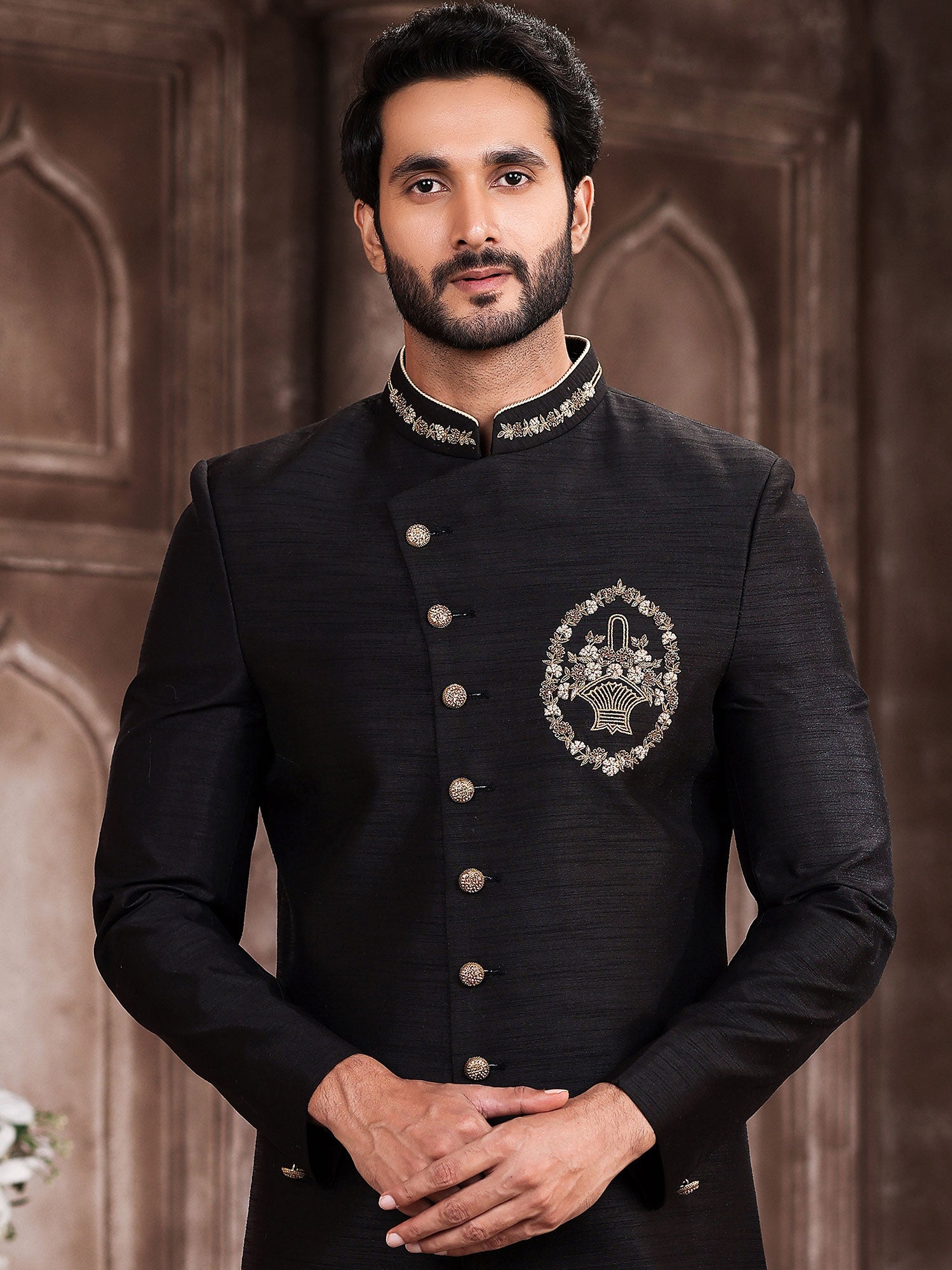 Black Asymmetric Indo Western In Art Silk