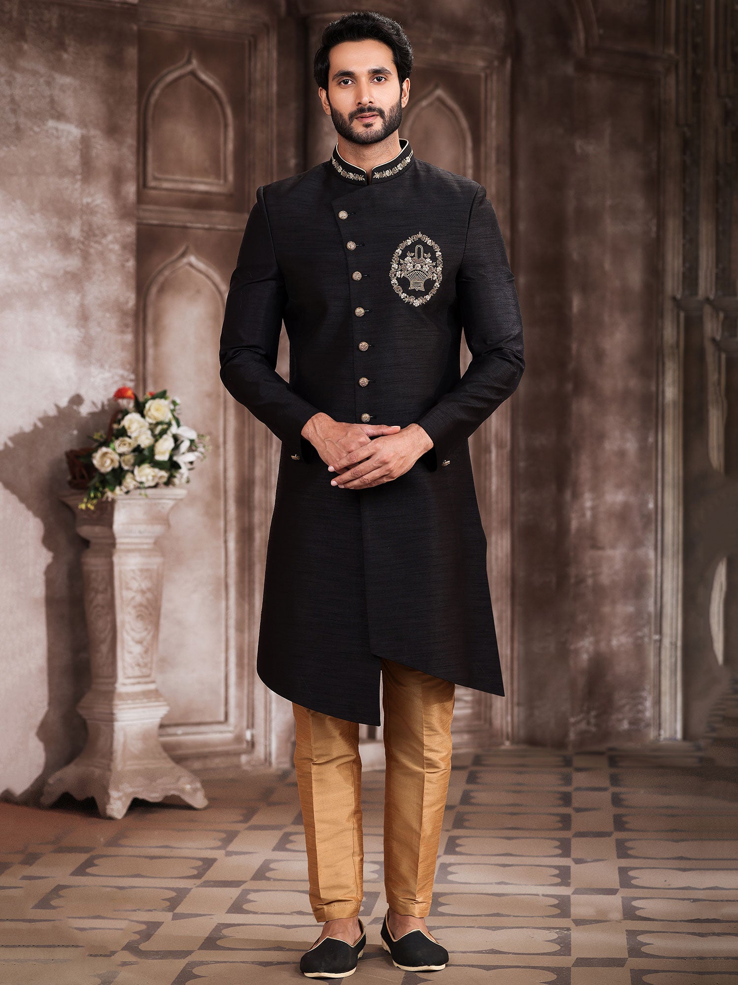 Black Asymmetric Indo Western In Art Silk