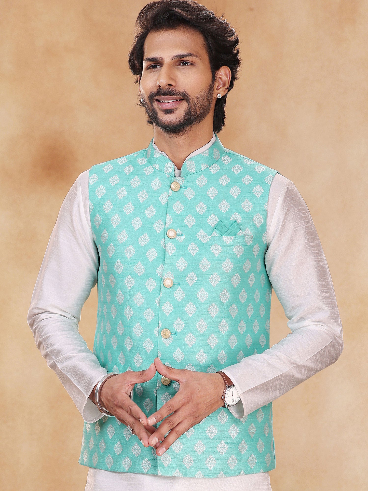 White Art Silk Kurta Pyjama With Nehru Jacket