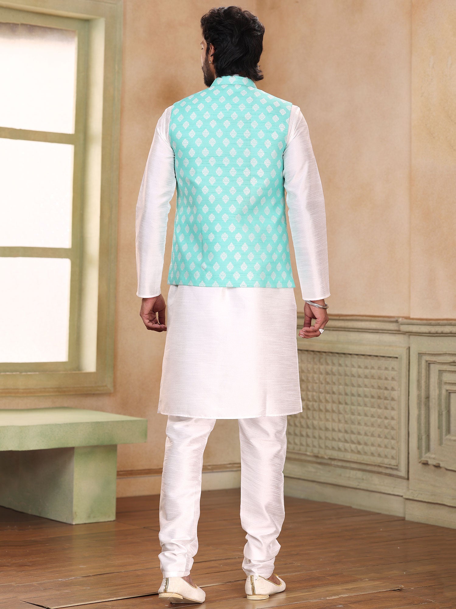 White Art Silk Kurta Pyjama With Nehru Jacket