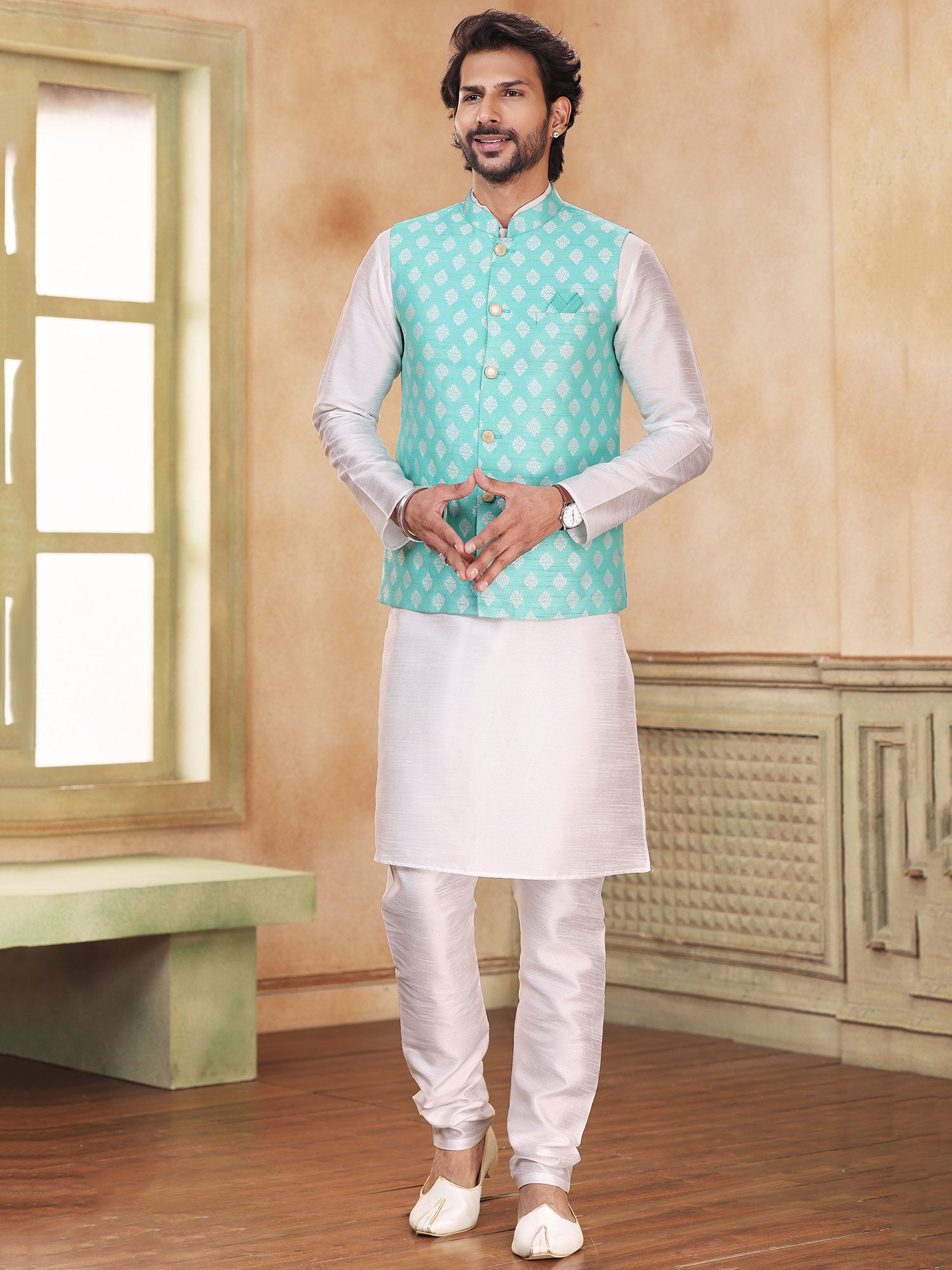 White Art Silk Kurta Pyjama With Nehru Jacket