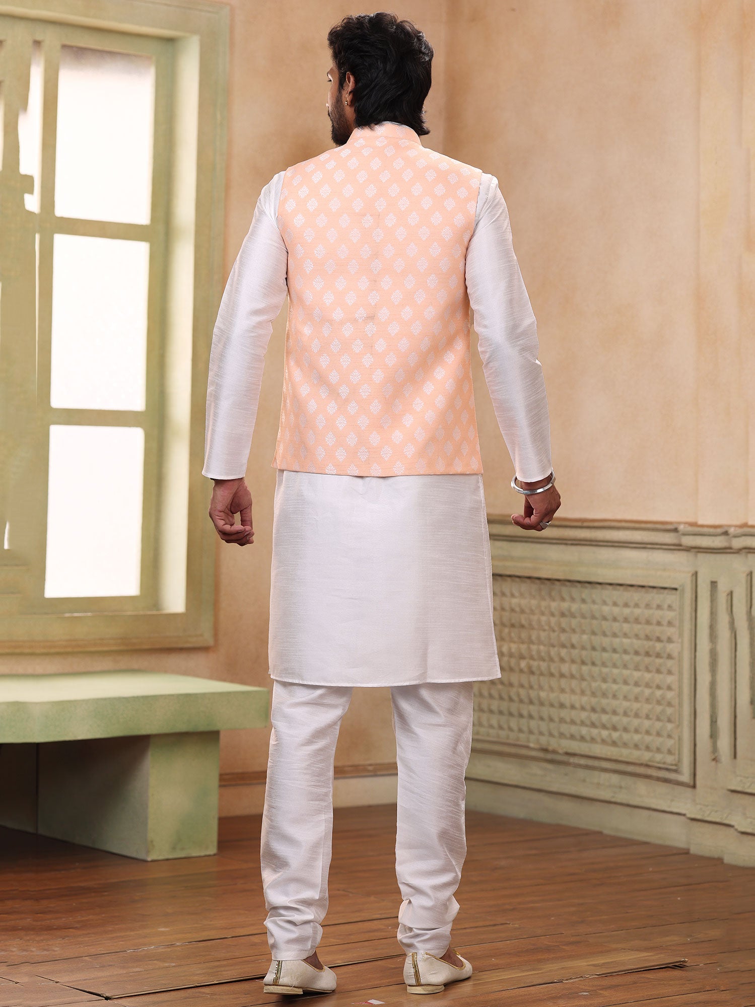 White Readymade Festive Kurta Pyjama And Jacket