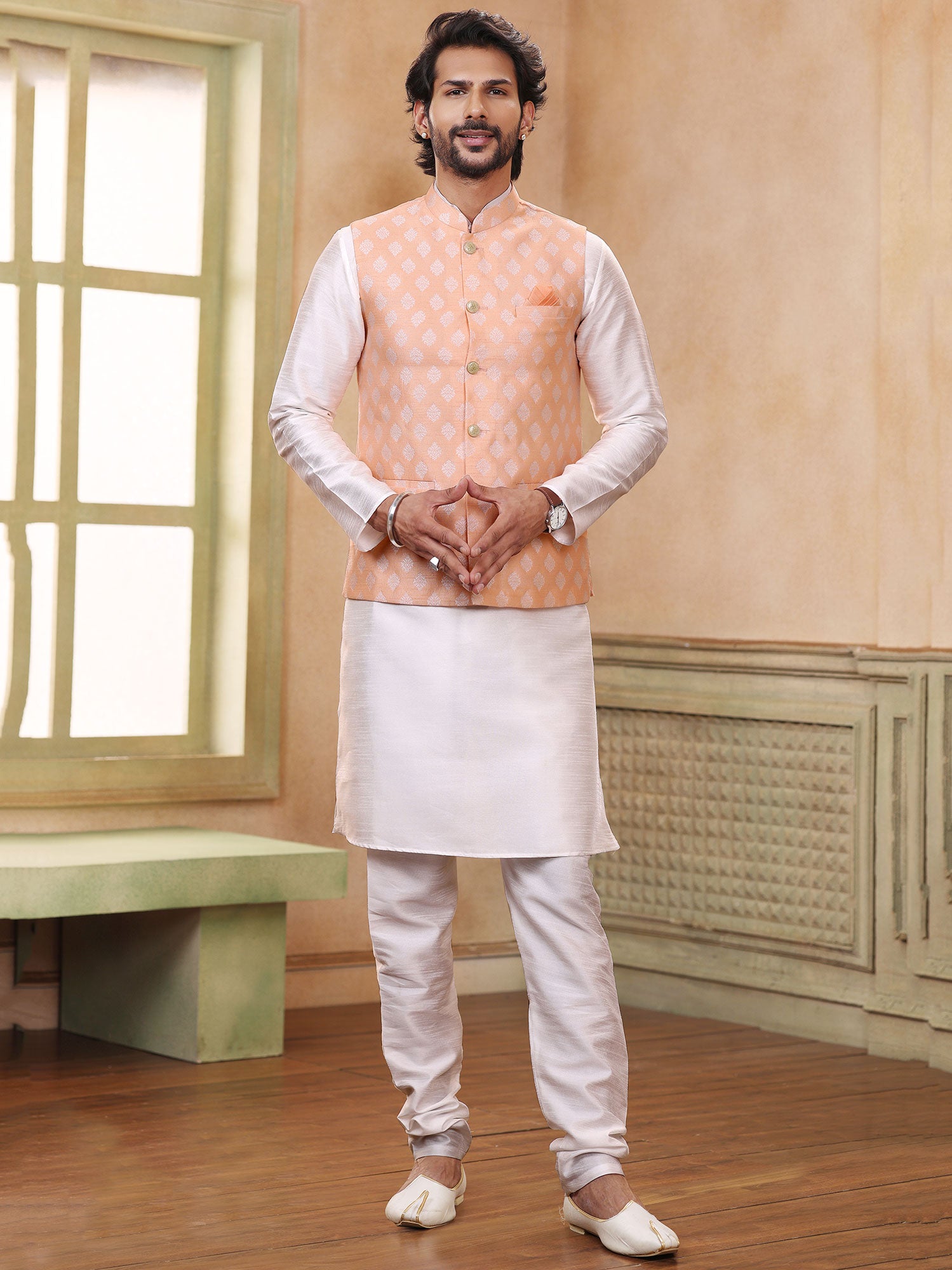 White Readymade Festive Kurta Pyjama And Jacket