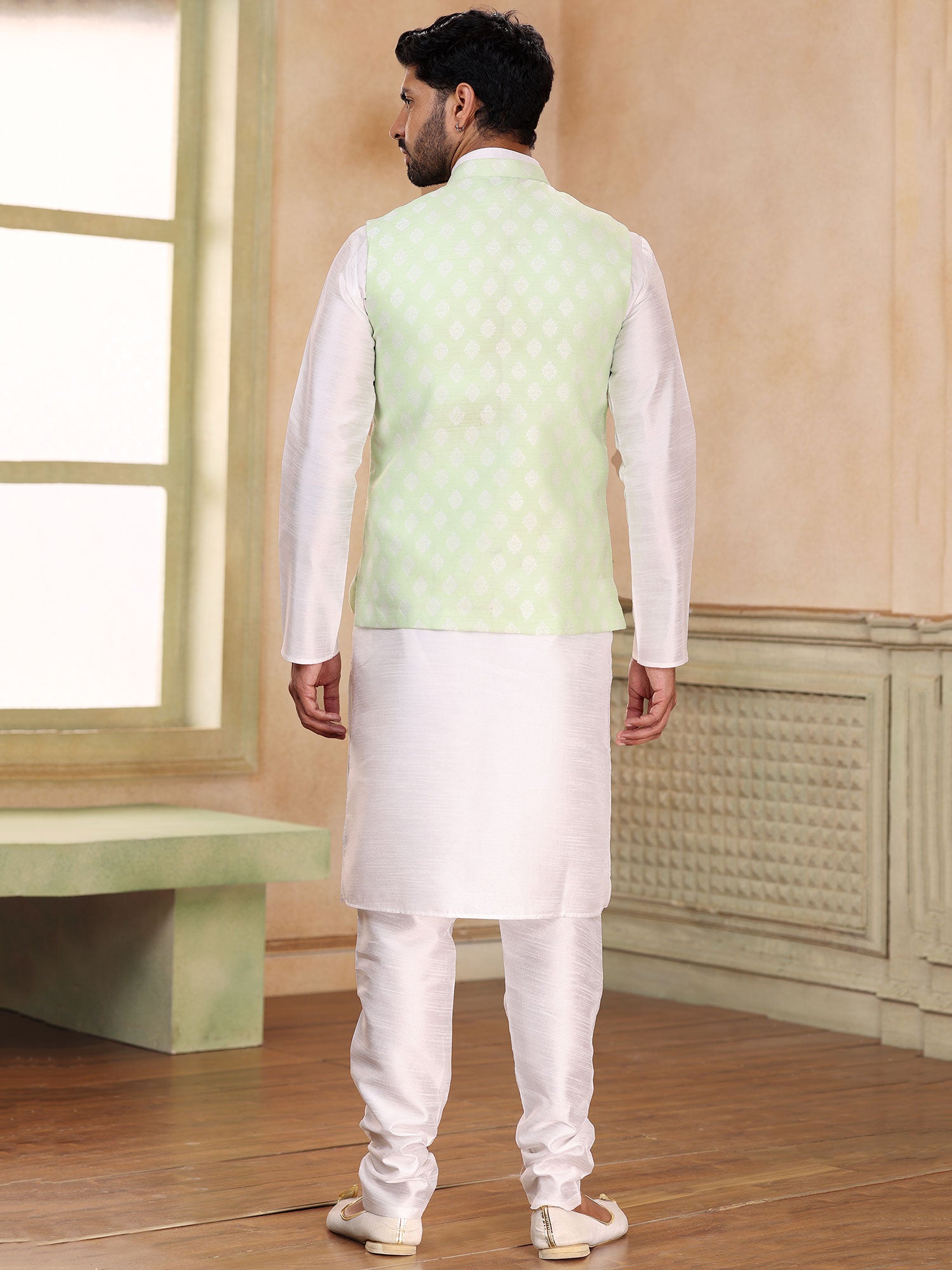 White Silk Kurta Churidaar Set With Jacket