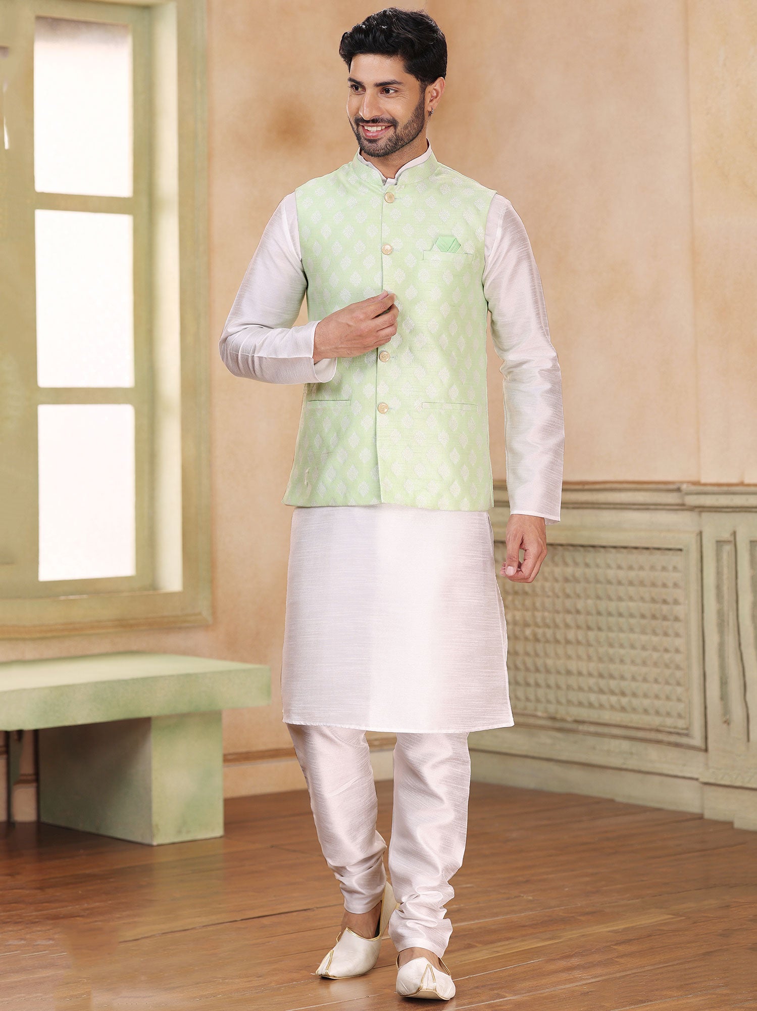 White Silk Kurta Churidaar Set With Jacket
