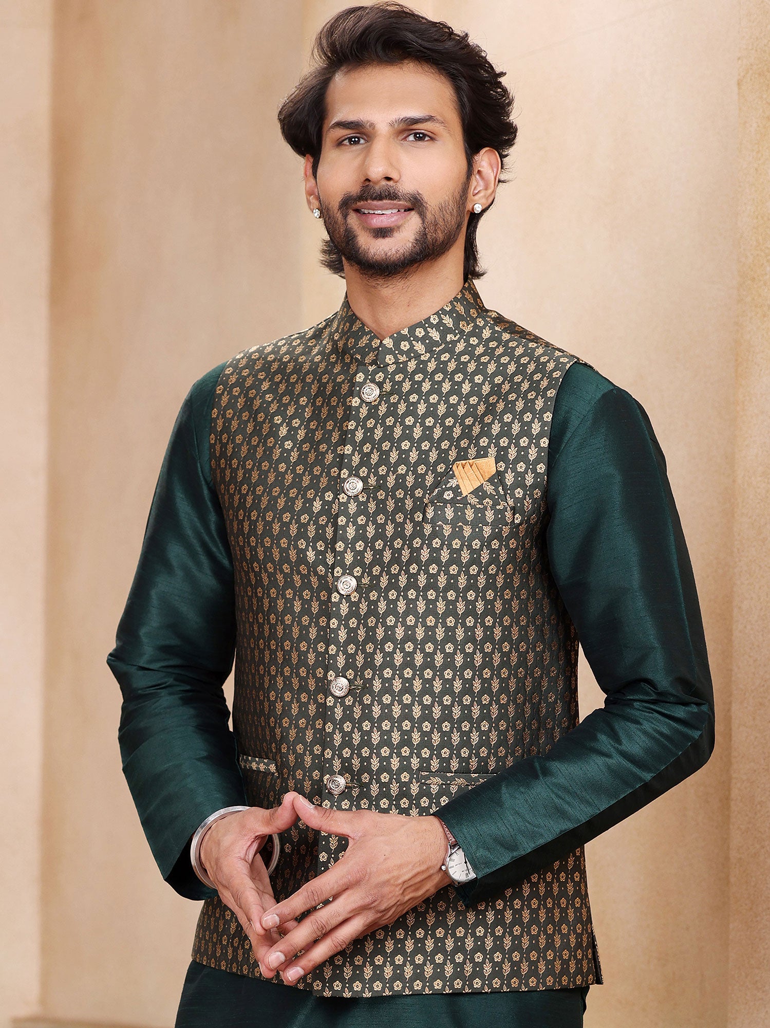 Green Art Silk Kurta Pyjama With Woven Jacket