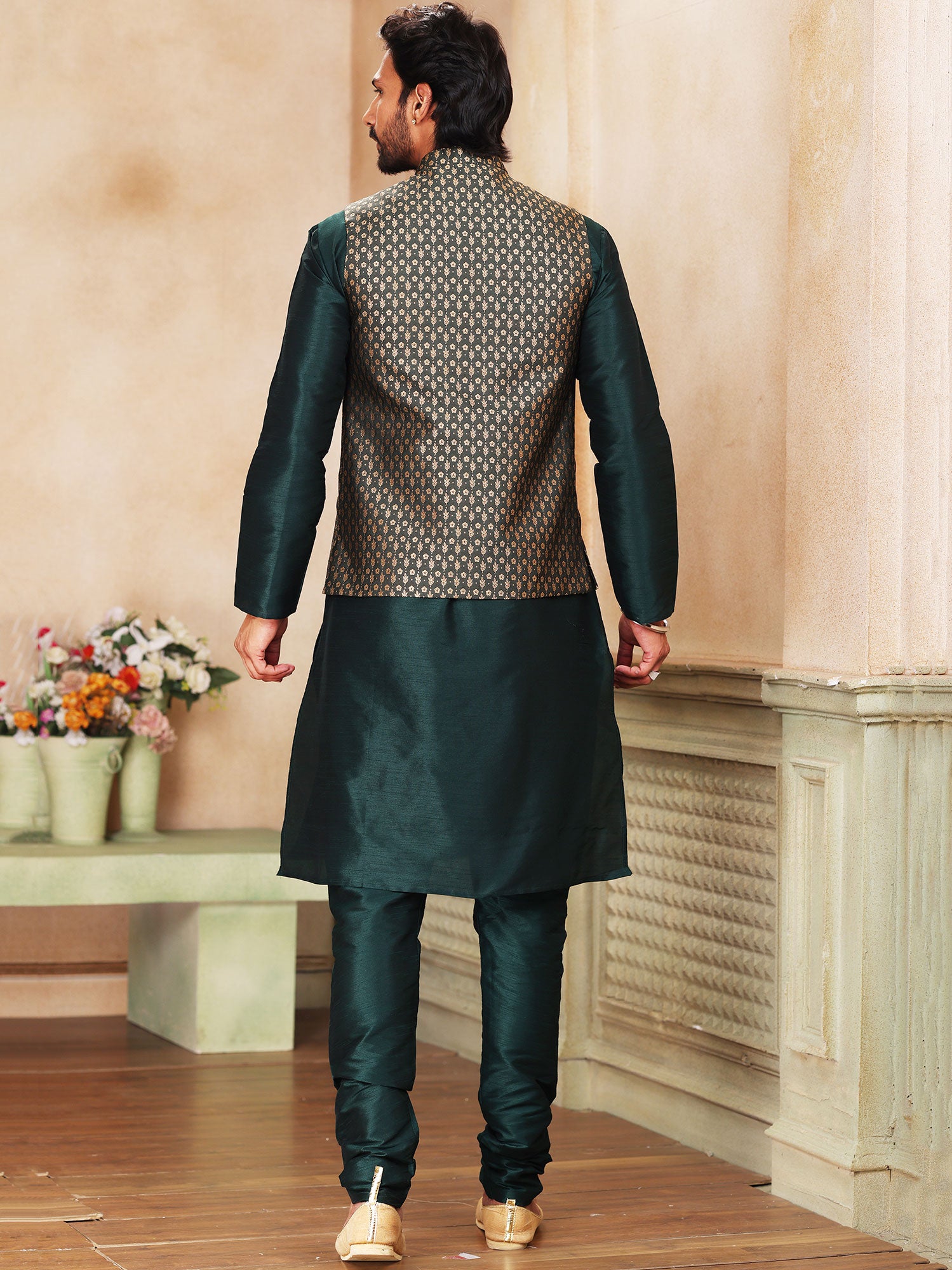 Green Art Silk Kurta Pyjama With Woven Jacket