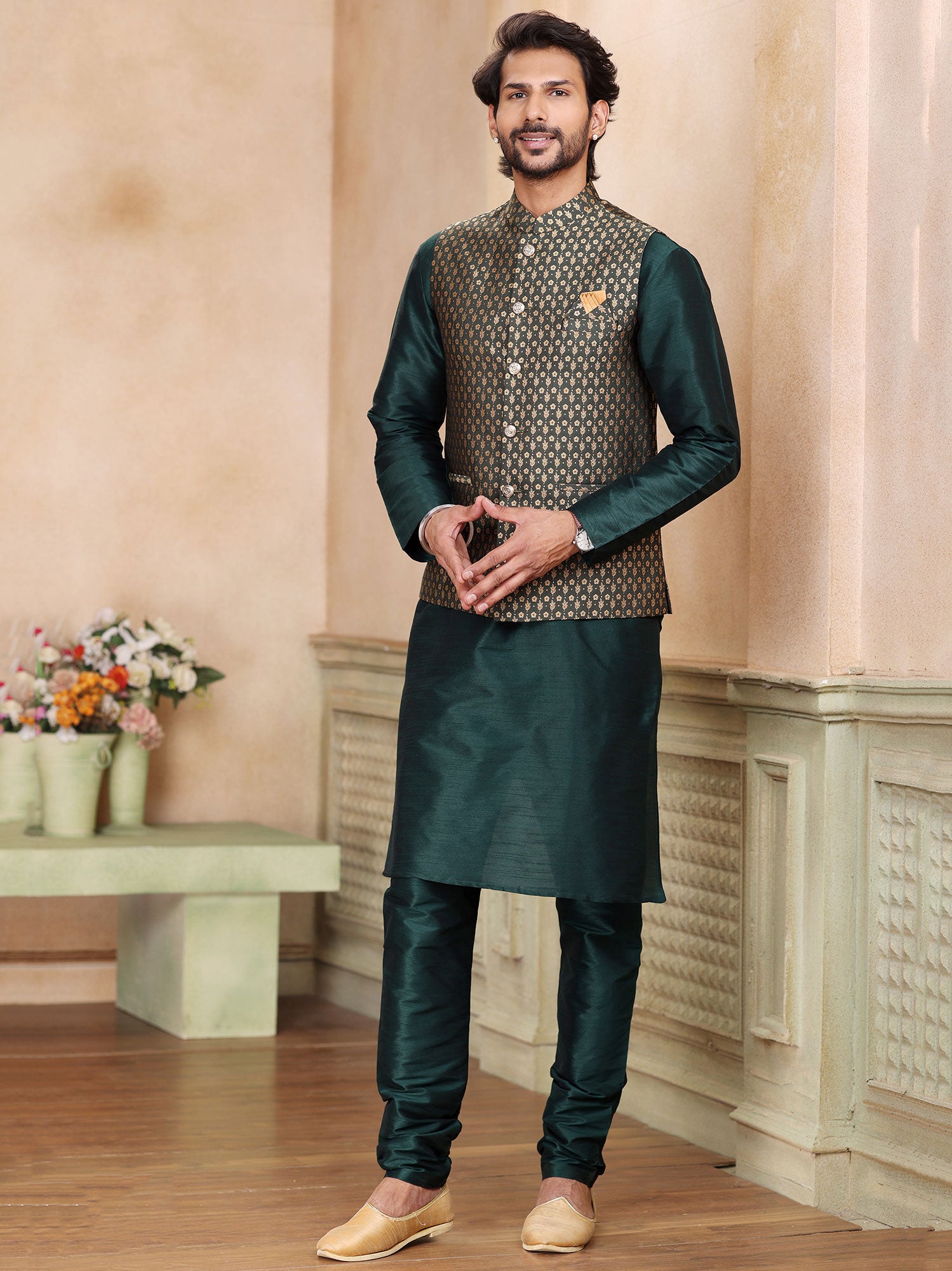 Green Art Silk Kurta Pyjama With Woven Jacket