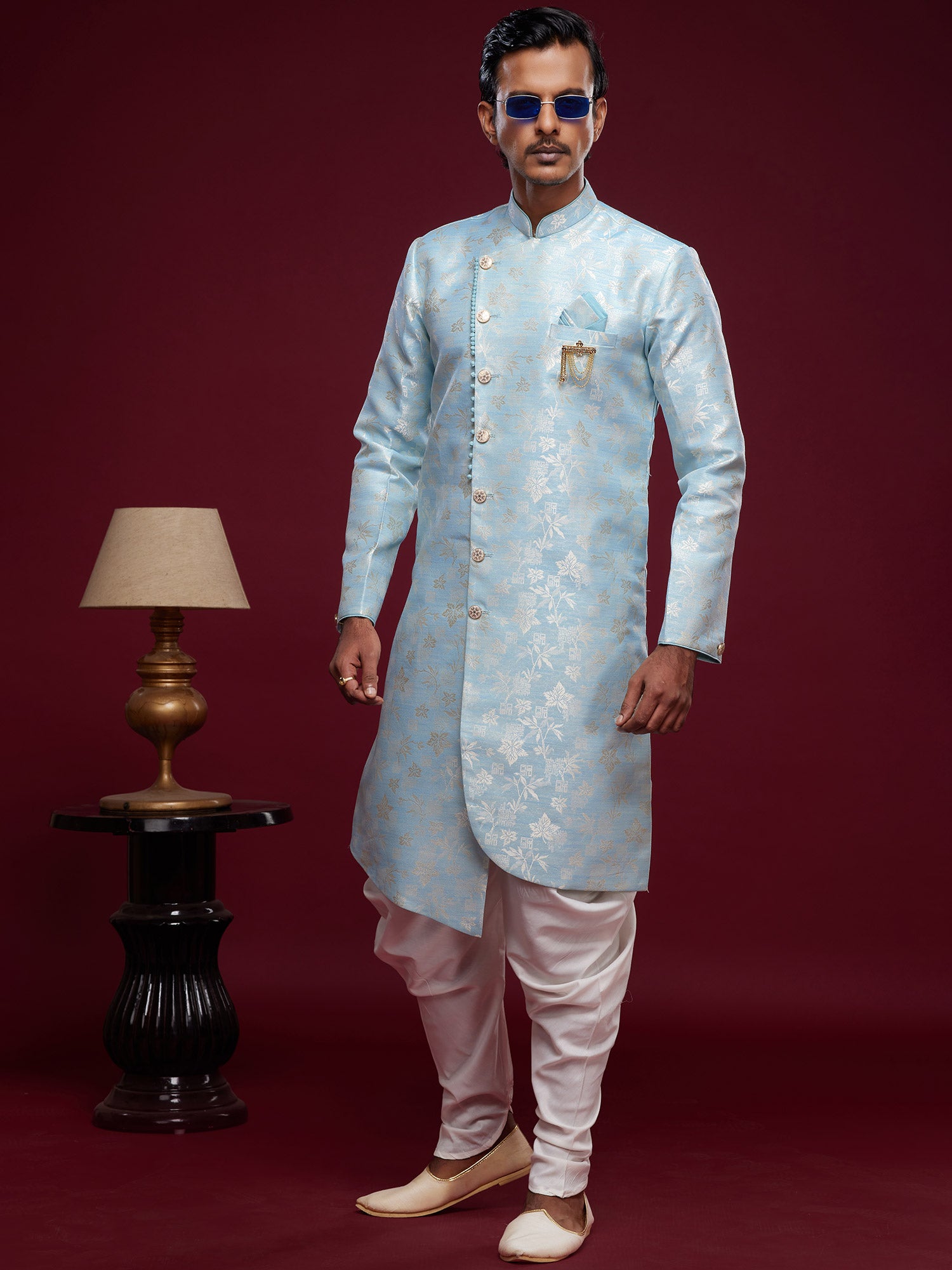 Blue Asymmetric Indo Western With Dhoti