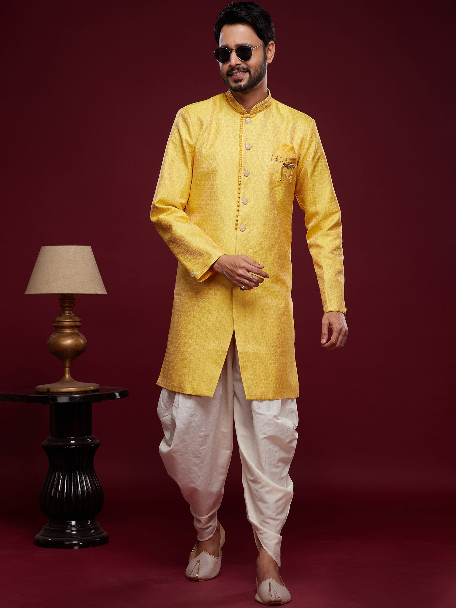 Yellow Banarasi Silk Dhoti Style Indo Western