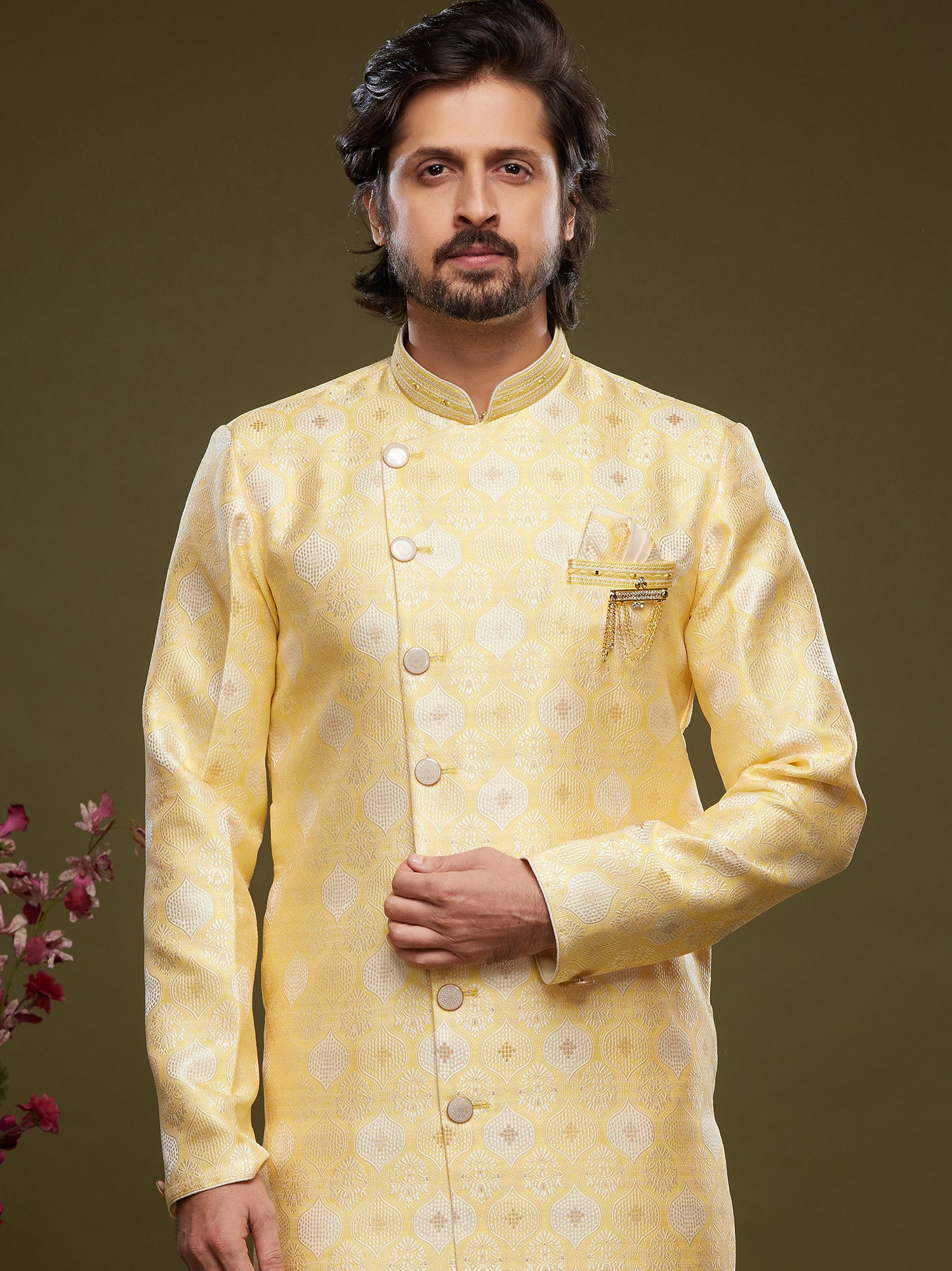 Yellow Wedding Wear Woven Indo Western For Men
