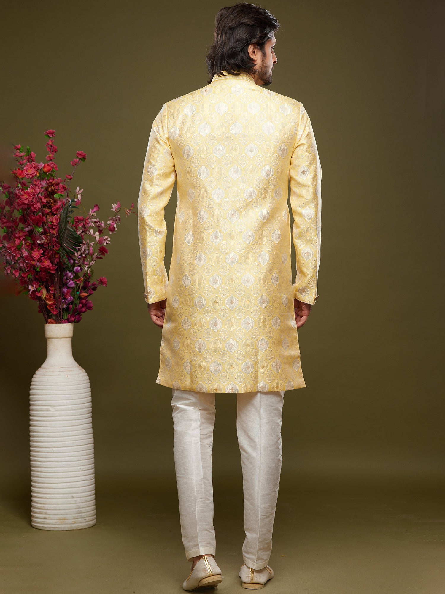 Yellow Wedding Wear Woven Indo Western For Men