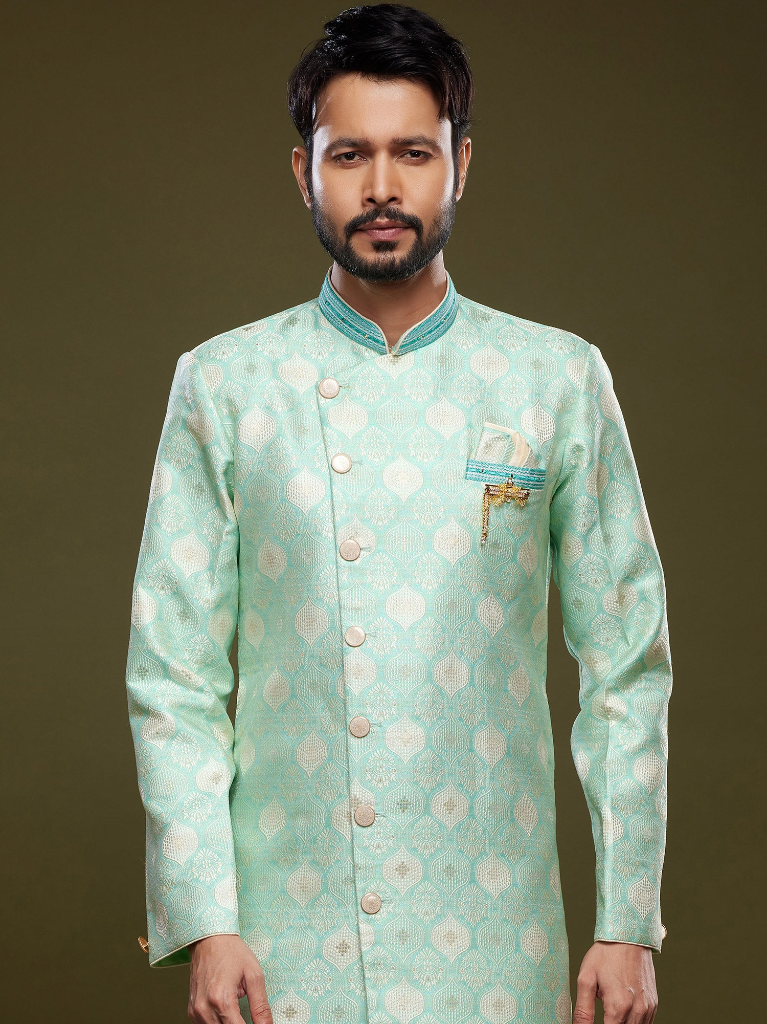 Blue Groom Indo Western With Zari Woven Work