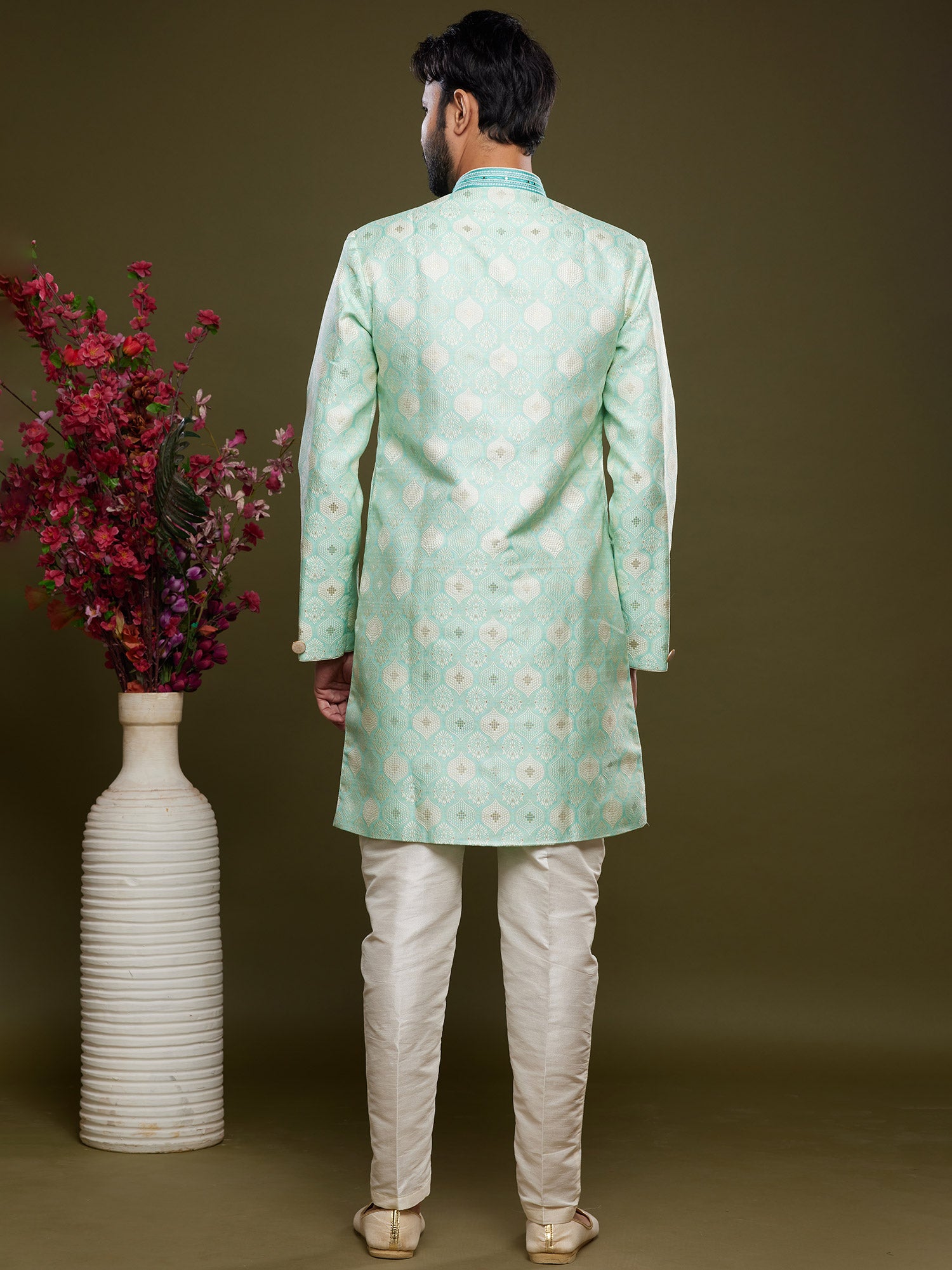 Blue Groom Indo Western With Zari Woven Work