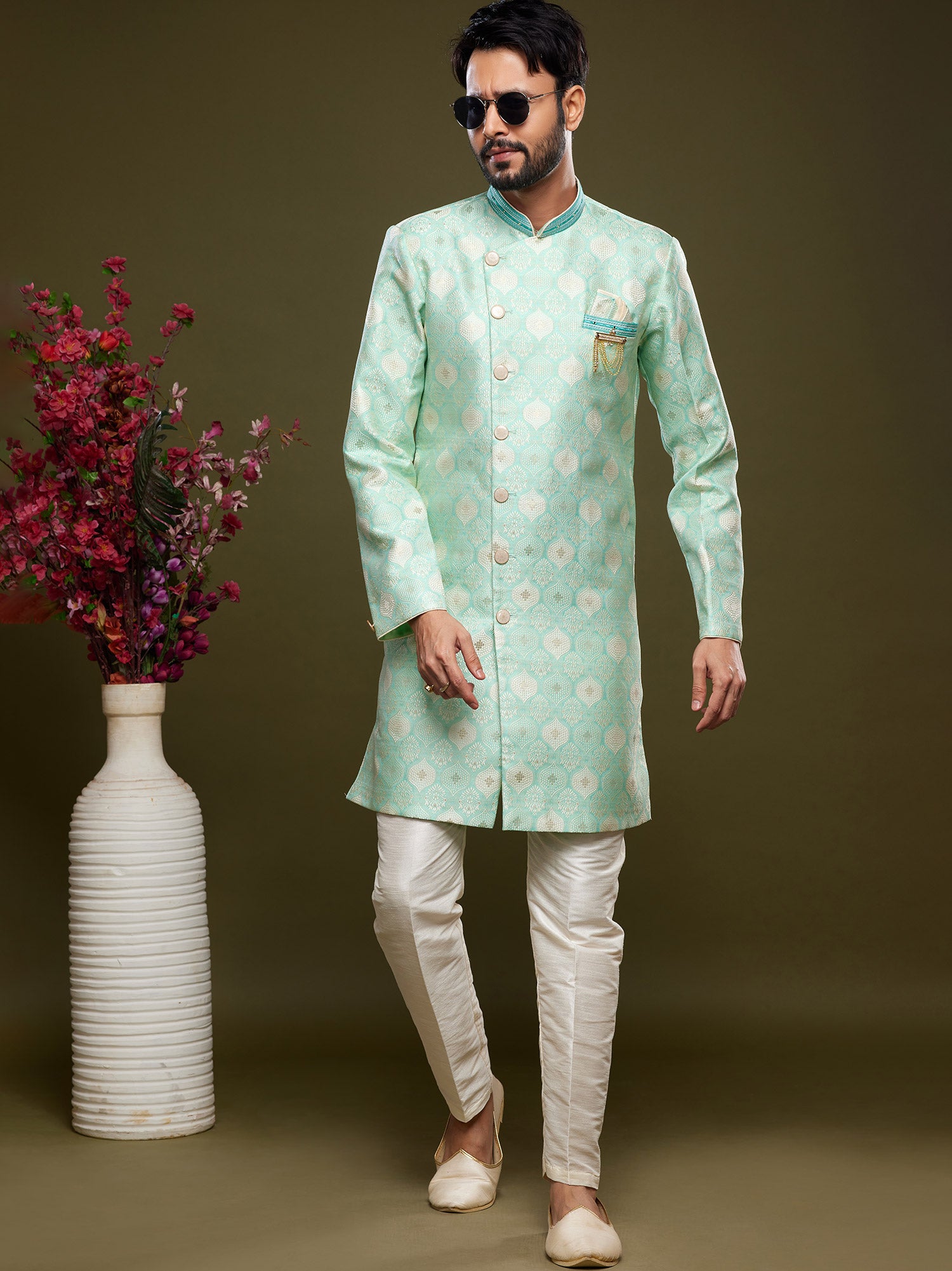Blue Groom Indo Western With Zari Woven Work