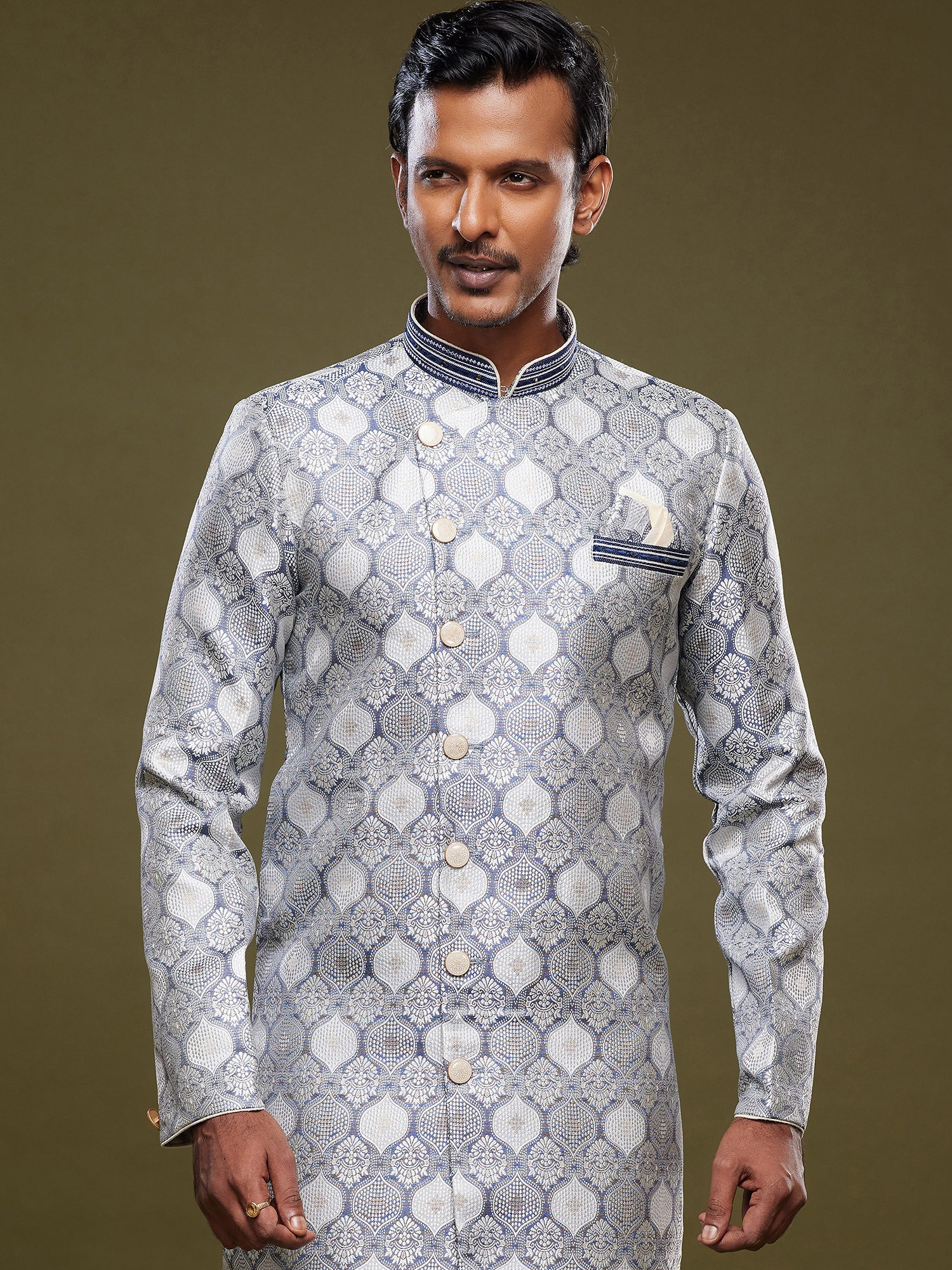 Blue Woven Indo Western Sherwani In Banarasi Silk