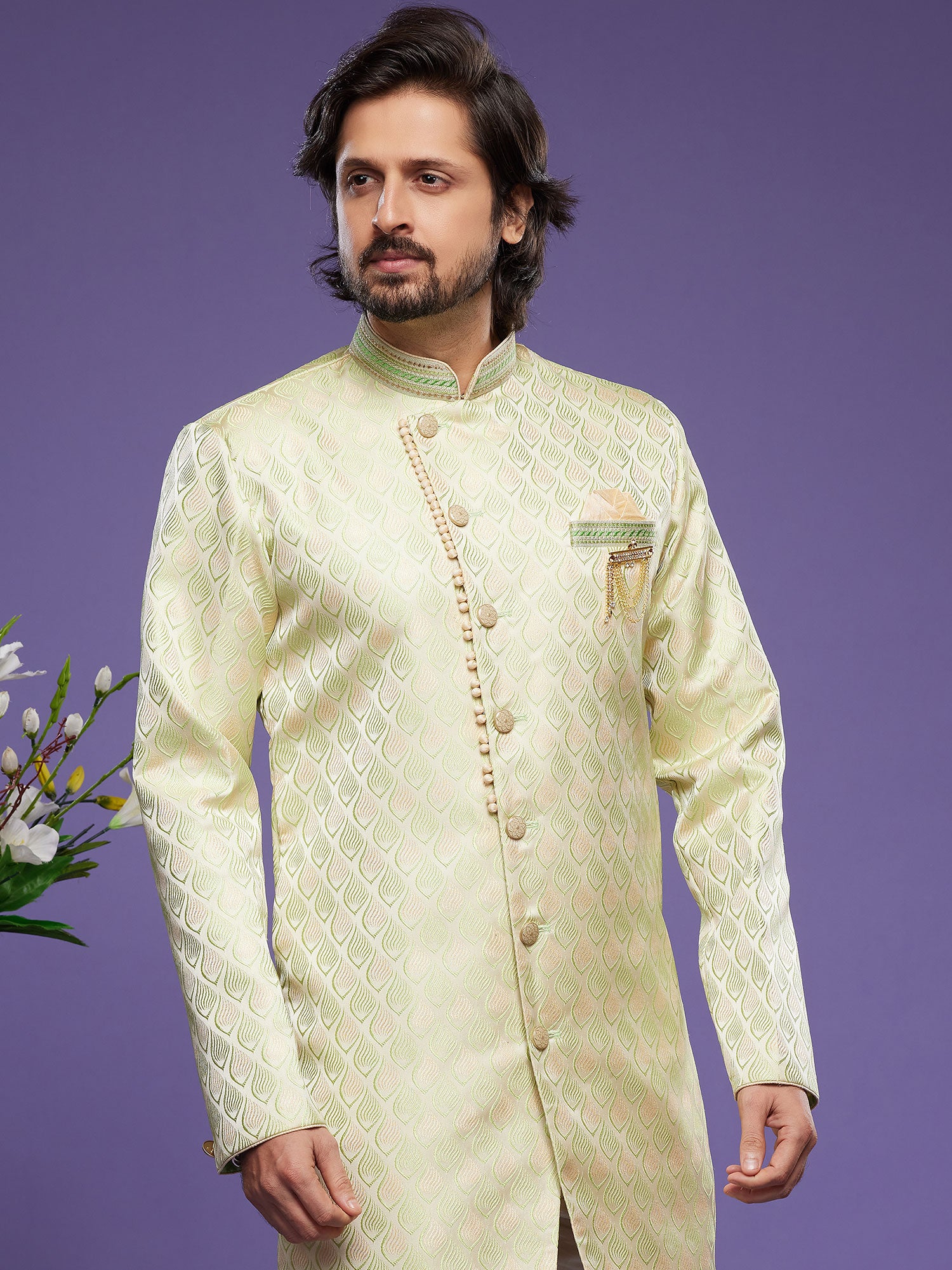 Green Zari Woven Silk Indo Western For Men