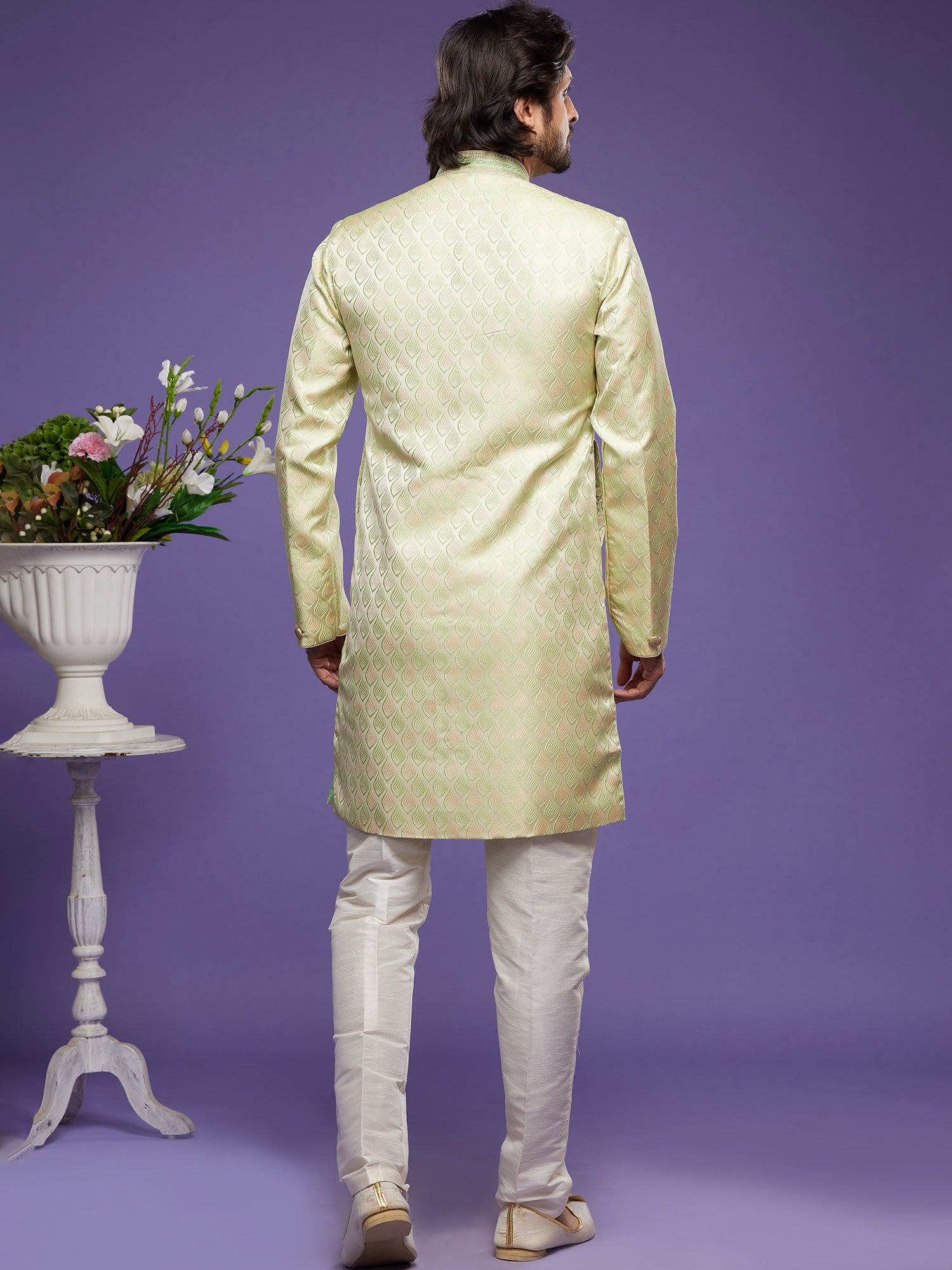Green Zari Woven Silk Indo Western For Men