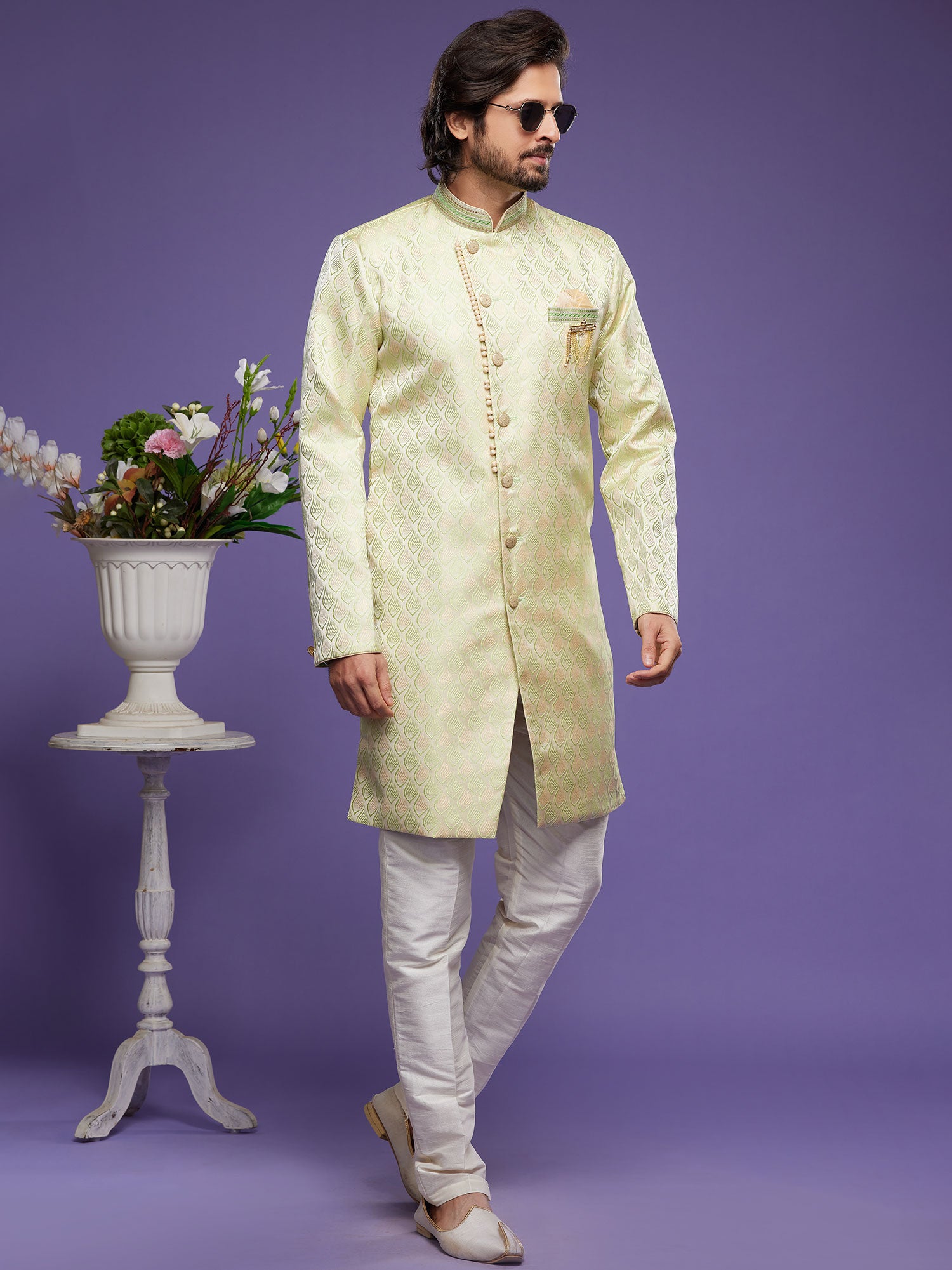 Green Zari Woven Silk Indo Western For Men
