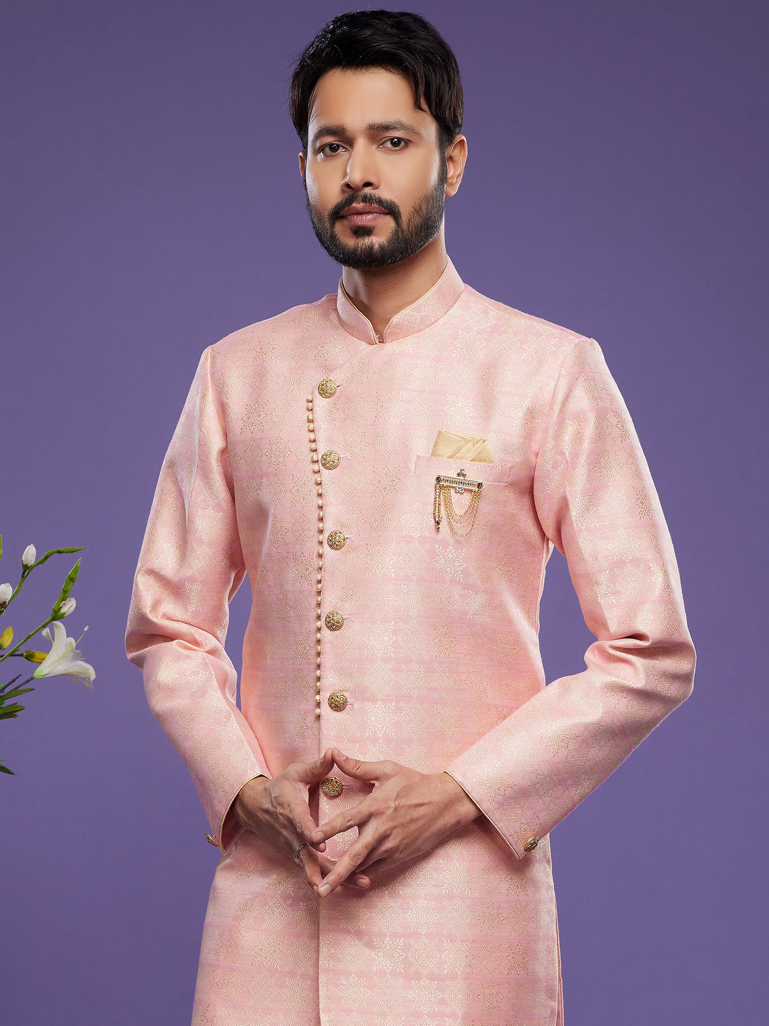Pink Woven Indo Western Set In Banarasi Silk