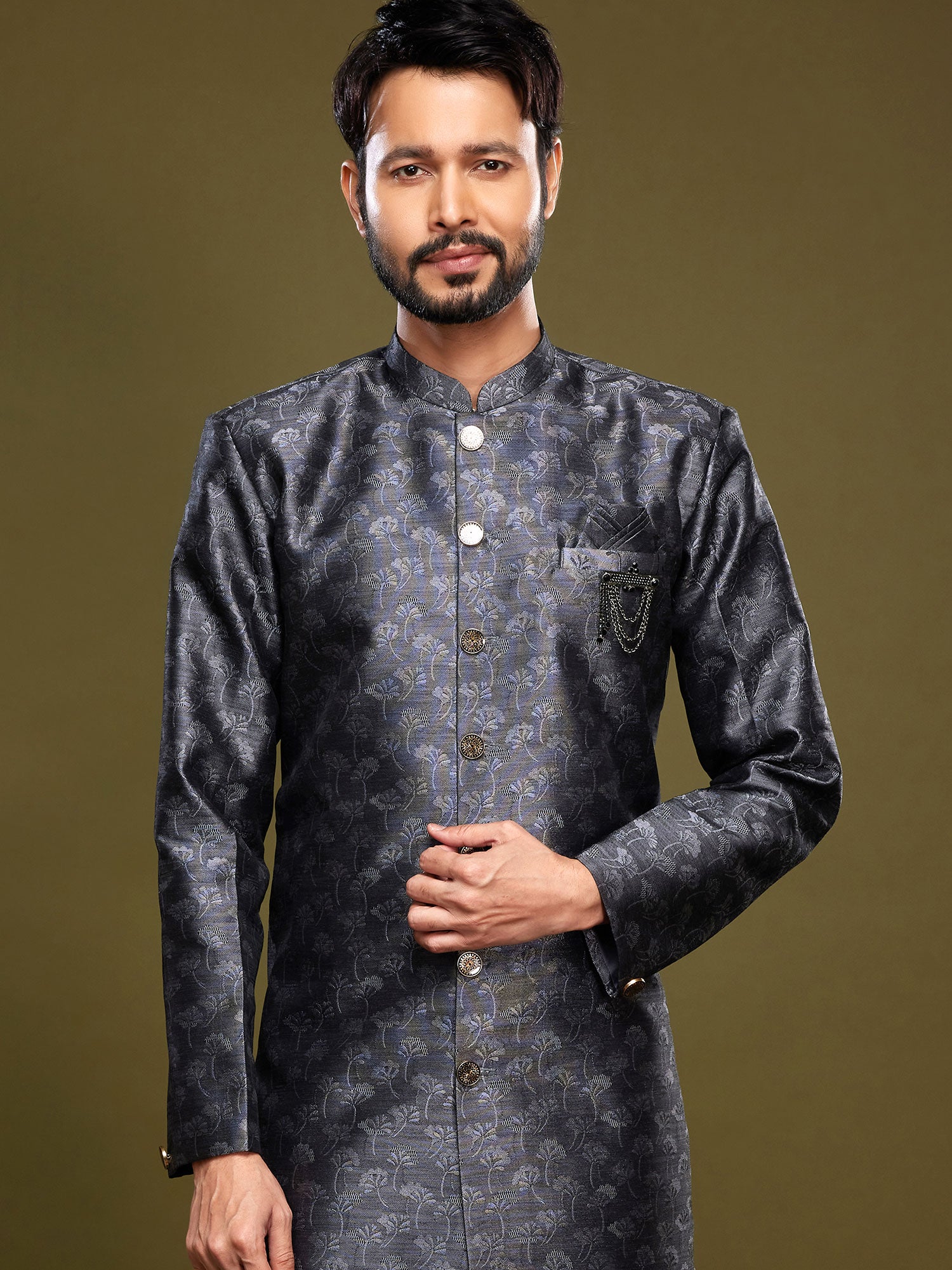 Blue Banarasi Silk Indo Western Set With Weaves