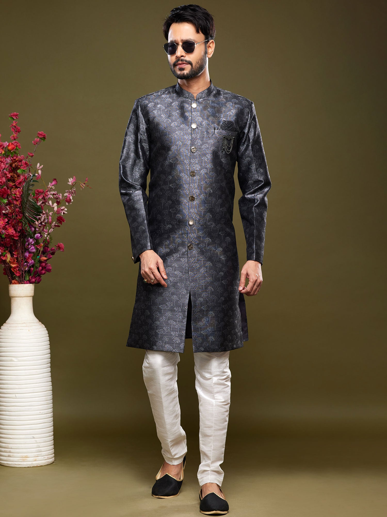 Blue Banarasi Silk Indo Western Set With Weaves