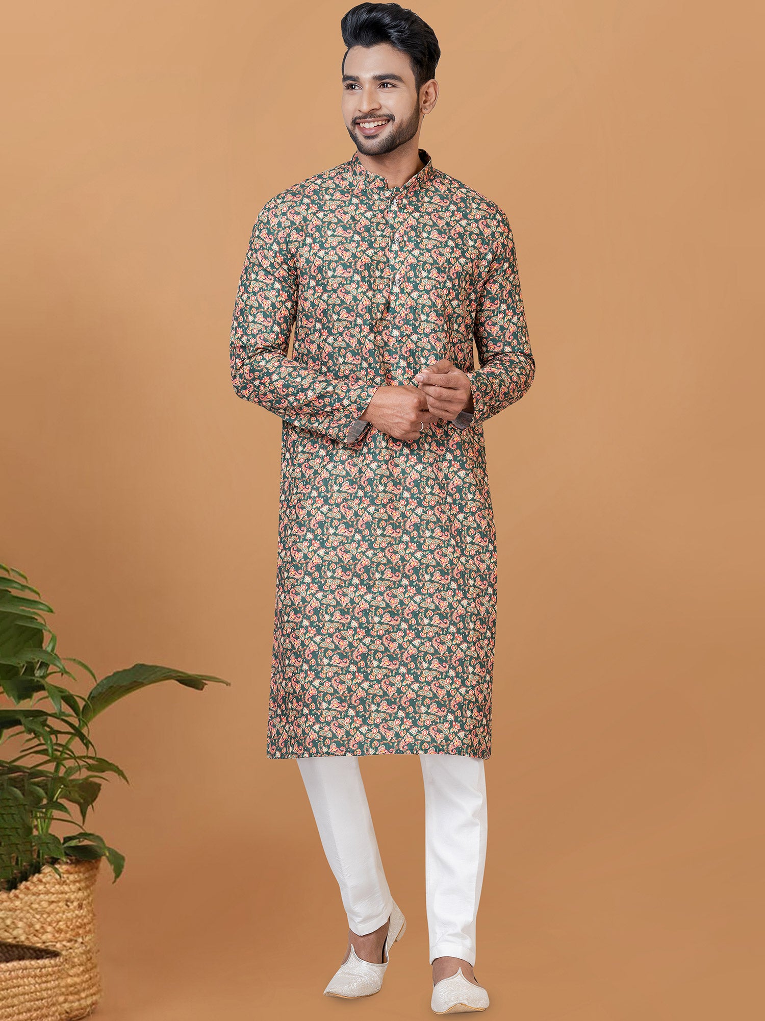 Green Digital Printed Kurta Pajama In Cotton