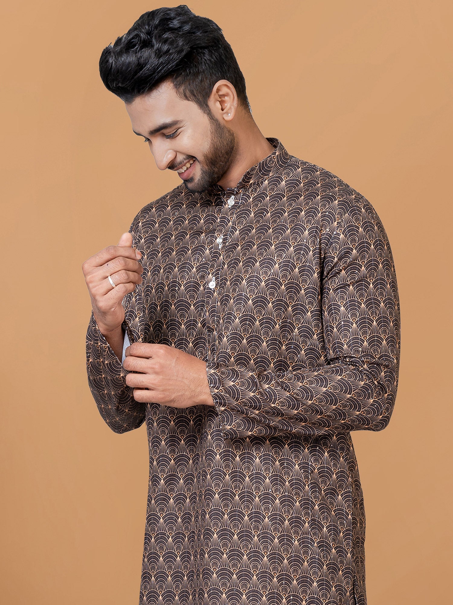 Brown Festive Kurta Pyjama With Prints