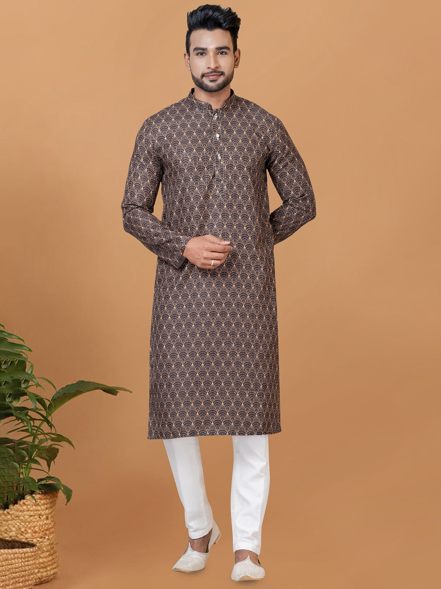 Brown Festive Kurta Pyjama With Prints