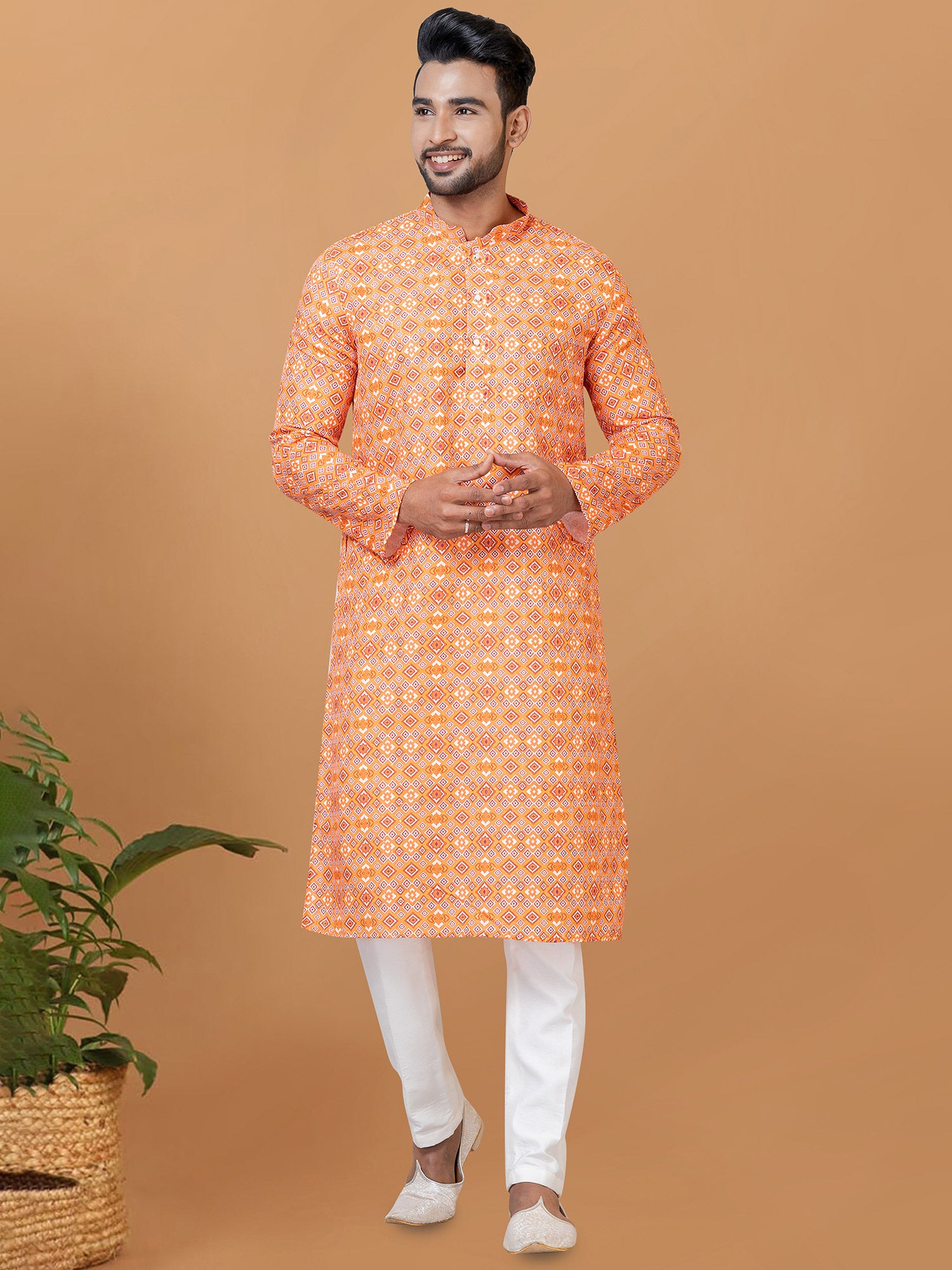 Orange Printed Festive Kurta Pyjama