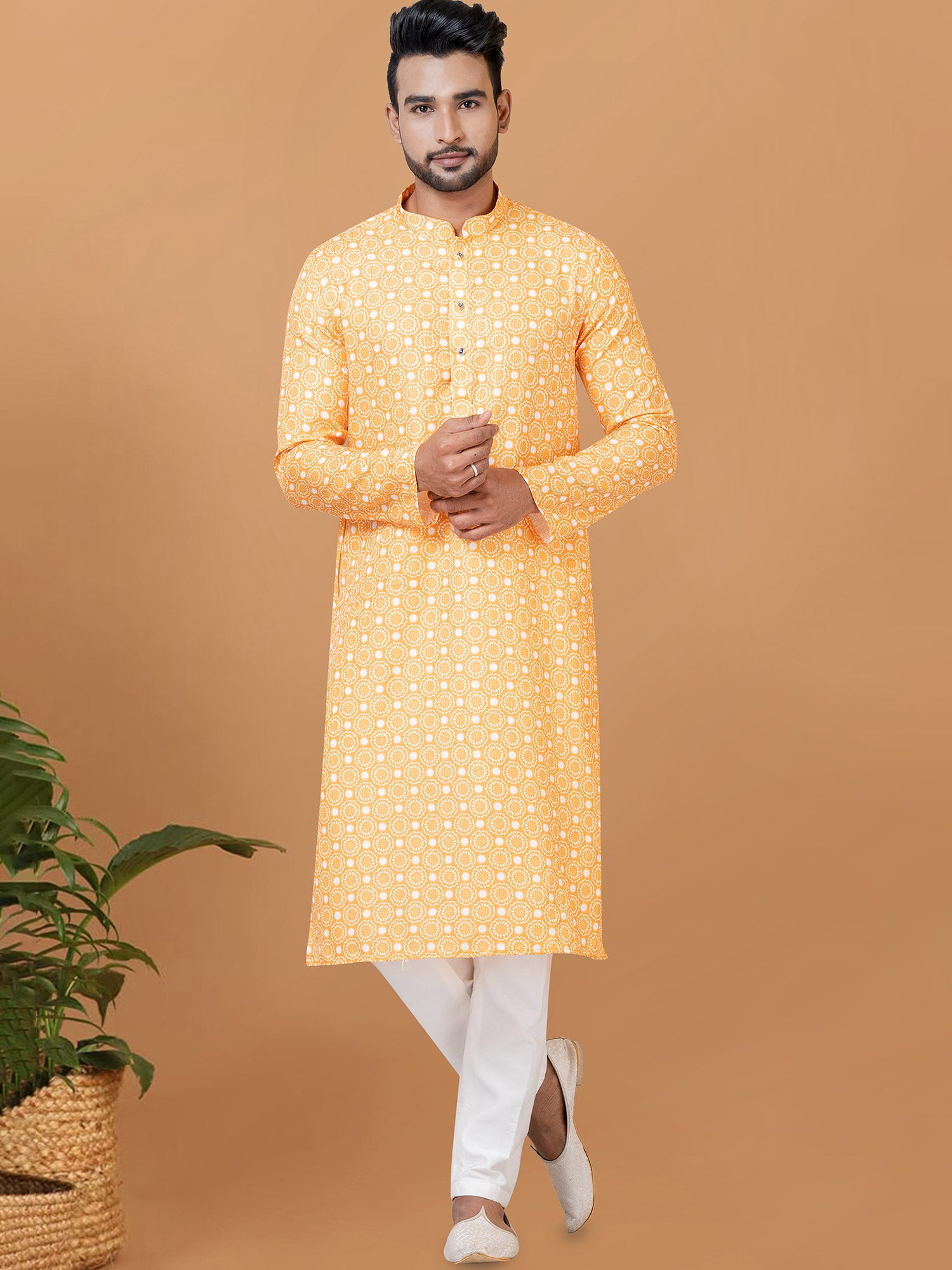 Yellow Party Wear Kurta Pajama With Prints