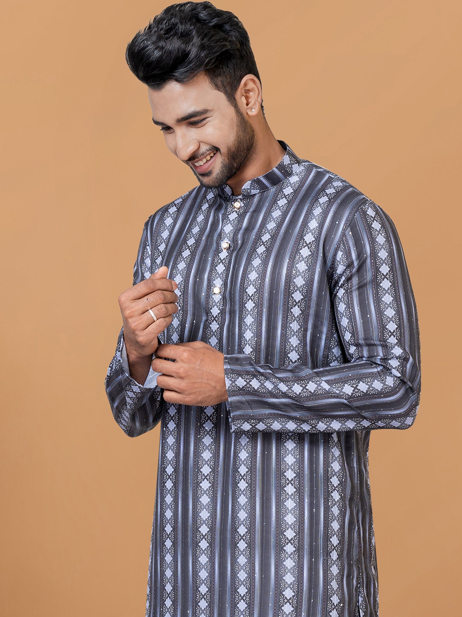 Grey Casual Printed Kurta Pyjama In Cotton