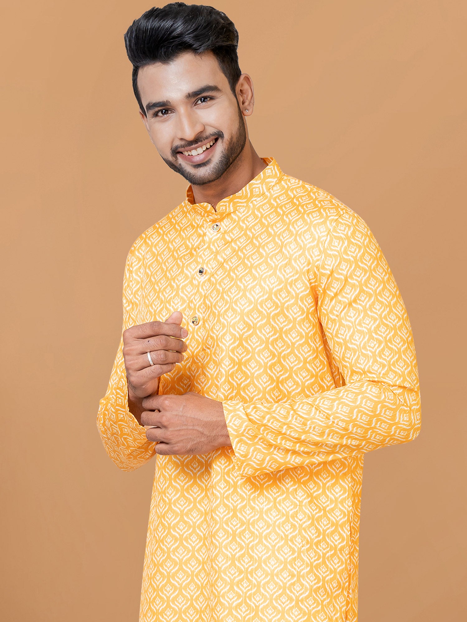 Yellow Festive Printed Kurta Pajama In Cotton