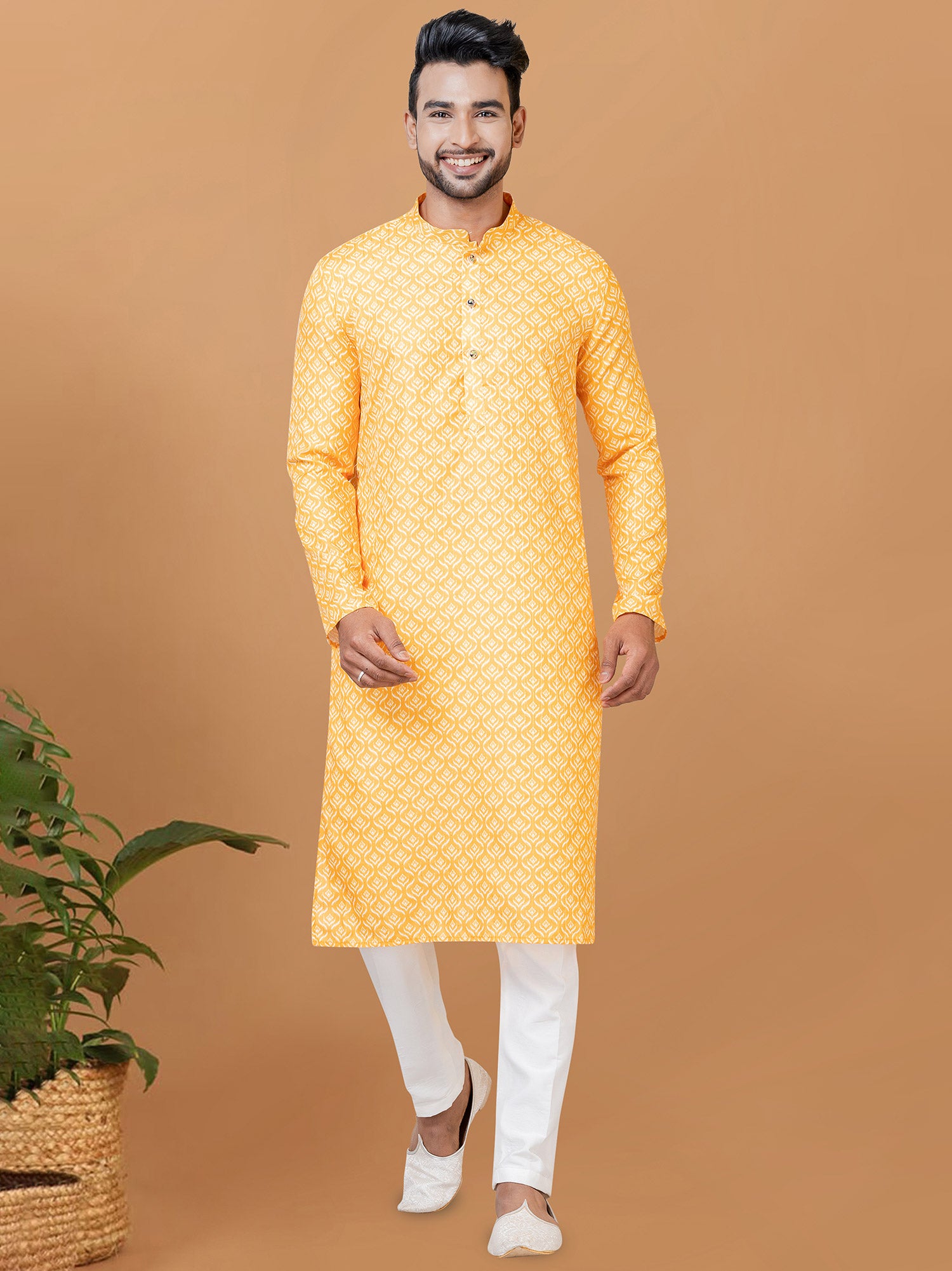Yellow Festive Printed Kurta Pajama In Cotton